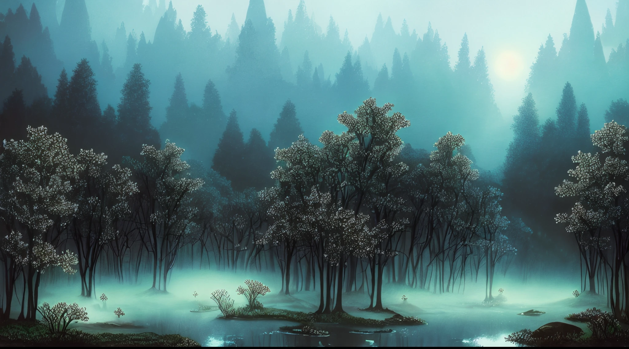 children's book illustration, enchanted forest, night, glowing fairy lights in trees, fog, cold, mystical, magical, silent