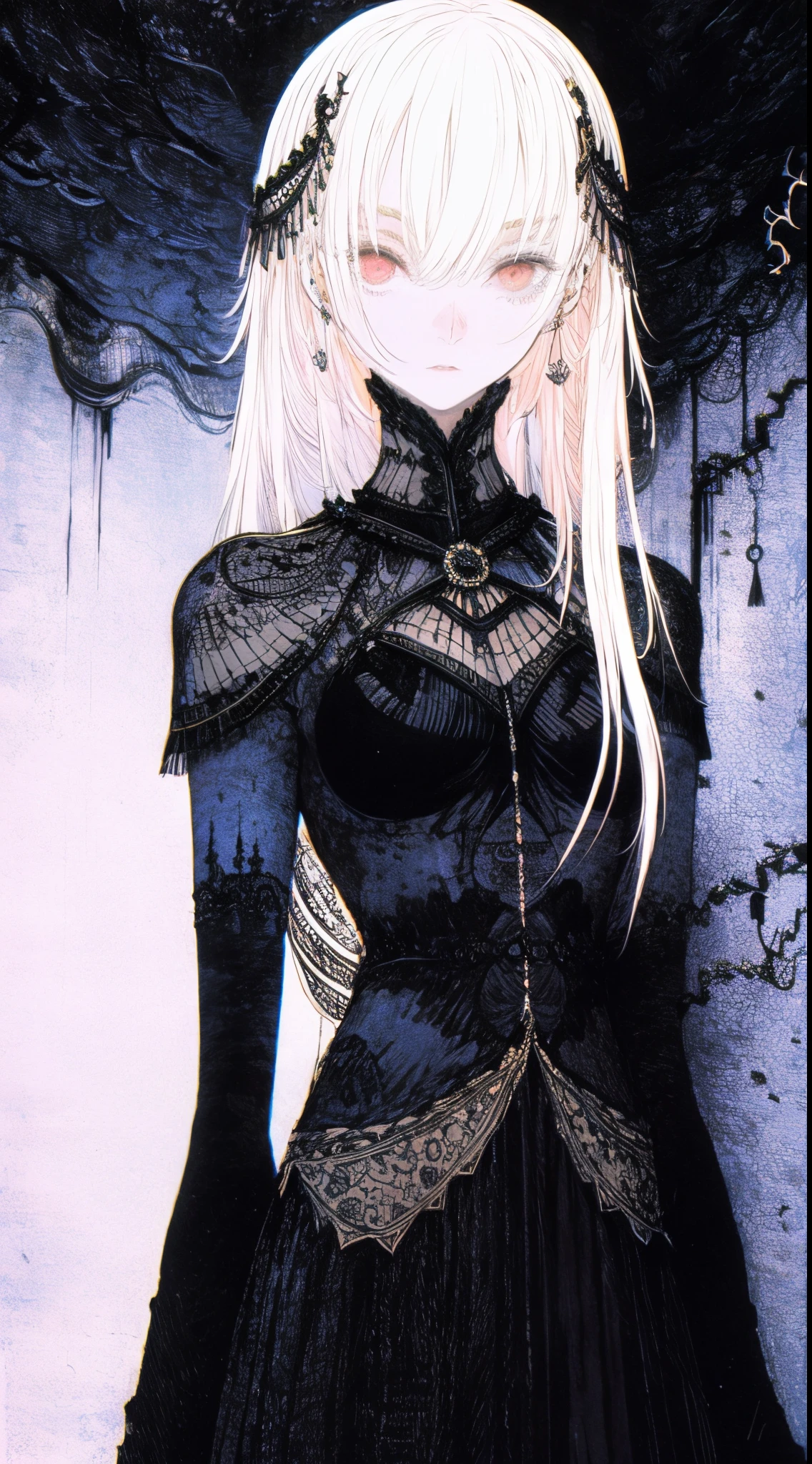 Base Layer: Creepy basement with a very complex fractal background based on mysterious symbolism, BREAK Middle Layer: A girl wearing a pure white gothic dress covered in blood, with super long blonde hair and blunt bangs, BREAK Foreground Layer: Blindfolded with a black obihiro, BREAK Effect Layer: Emphasis on the mysterious and eerie atmosphere, BREAK Final Touches: Enhance the gothic, creepy vibe with subtle lighting and shadow effects.