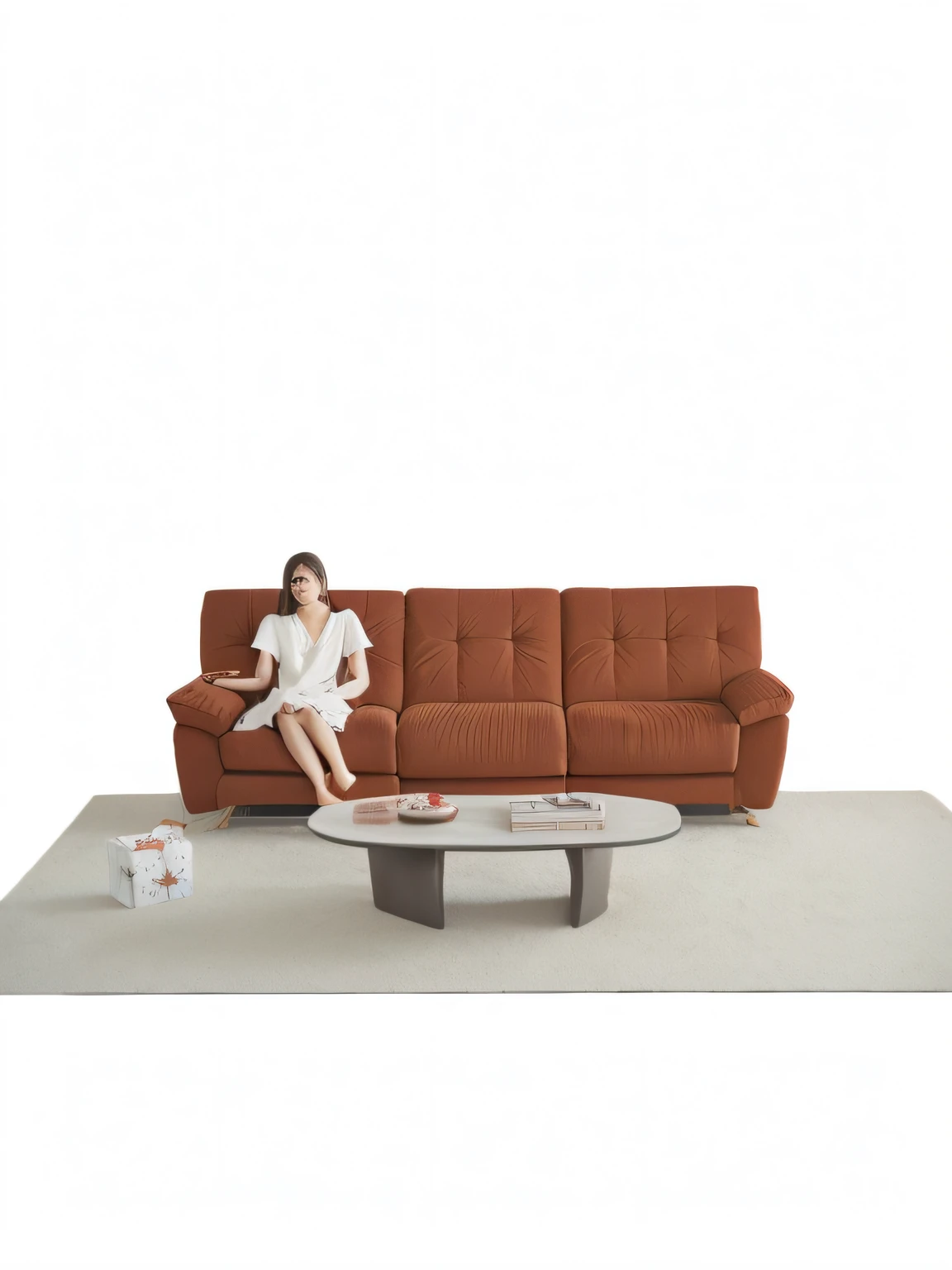 there is a woman sitting on a couch in a living room, interior scenes,Christmas atmosphere,Christmas tree,pedestrians,Gift box