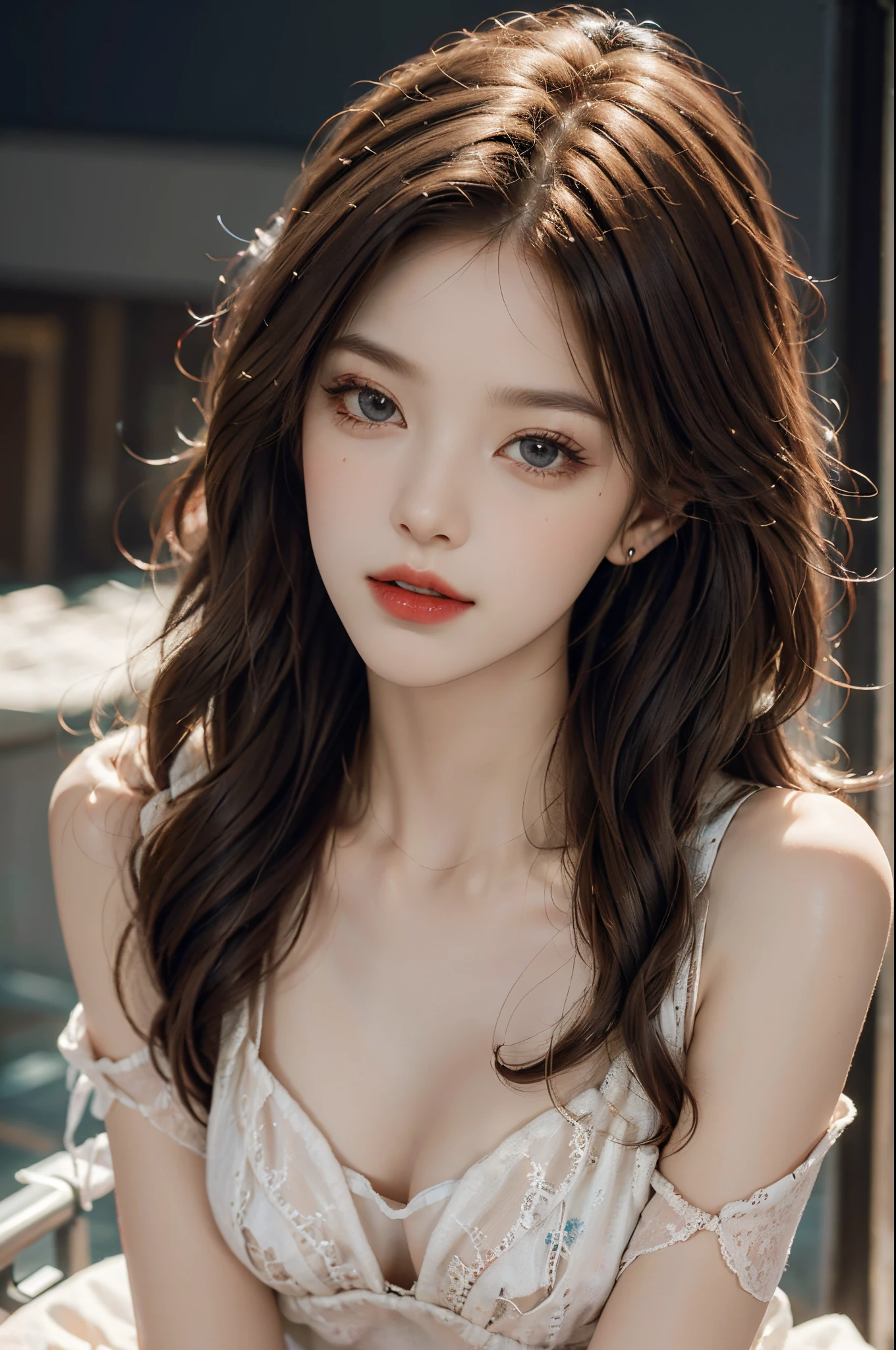 Sweet girl dress2,dress, ((cowboy shot)), (realistic), fashi-girl, red lips, mature female, makeup, leaning forward, (Surrealistic + pure), exquisite beautiful eyes, HD quality, Dynamic tilt, High nose, Flare effect, realistic details, Official art, Masterpiece, Unity 8k wallpaper, beautiful masterpiece, Top quality, Radiant skin, cinematic lighting, sweet and cute, long brown hair, curly hair, warm tones, high color saturation