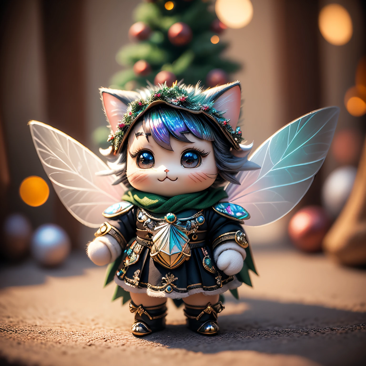 masterpiece、top-quality、ultra-detailliert、(Chibi Chara Fairy:1.27),(Iridescent feathers:1.2),(logo block christmas tree:1.1),(little cat fairy:1.2),fairy tale forest,A smile,Full-body standing figure