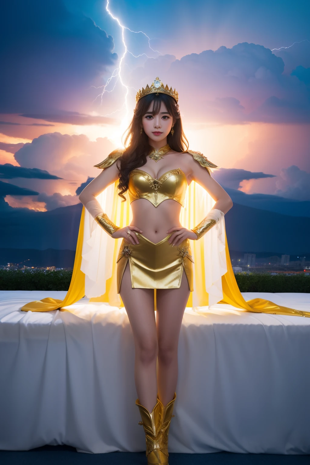 Esbian, Queen idol who rules over thunder、、、Gold Costume、Luminescent、thunder clouds