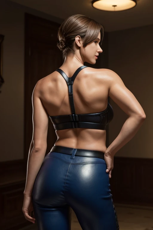 ((Masterpiece)), ((highest resolution)), Jill Valentine from Resident Evil 3, ((detailed skin texture)), ((high detail face)), seductive smile, tight leather pants, bra, (realistic photo), (best quality), (detailed), shot on a Canon EOS R5, 50mm lens, F/2.8, HDR, (8k), (wallpaper), (cinematic lighting), (dramatic lighting), (sharp focus), (intricate), RAW photo, posing for camera, 8k uhd, high quality, film grain, by Craig Morey, from behind