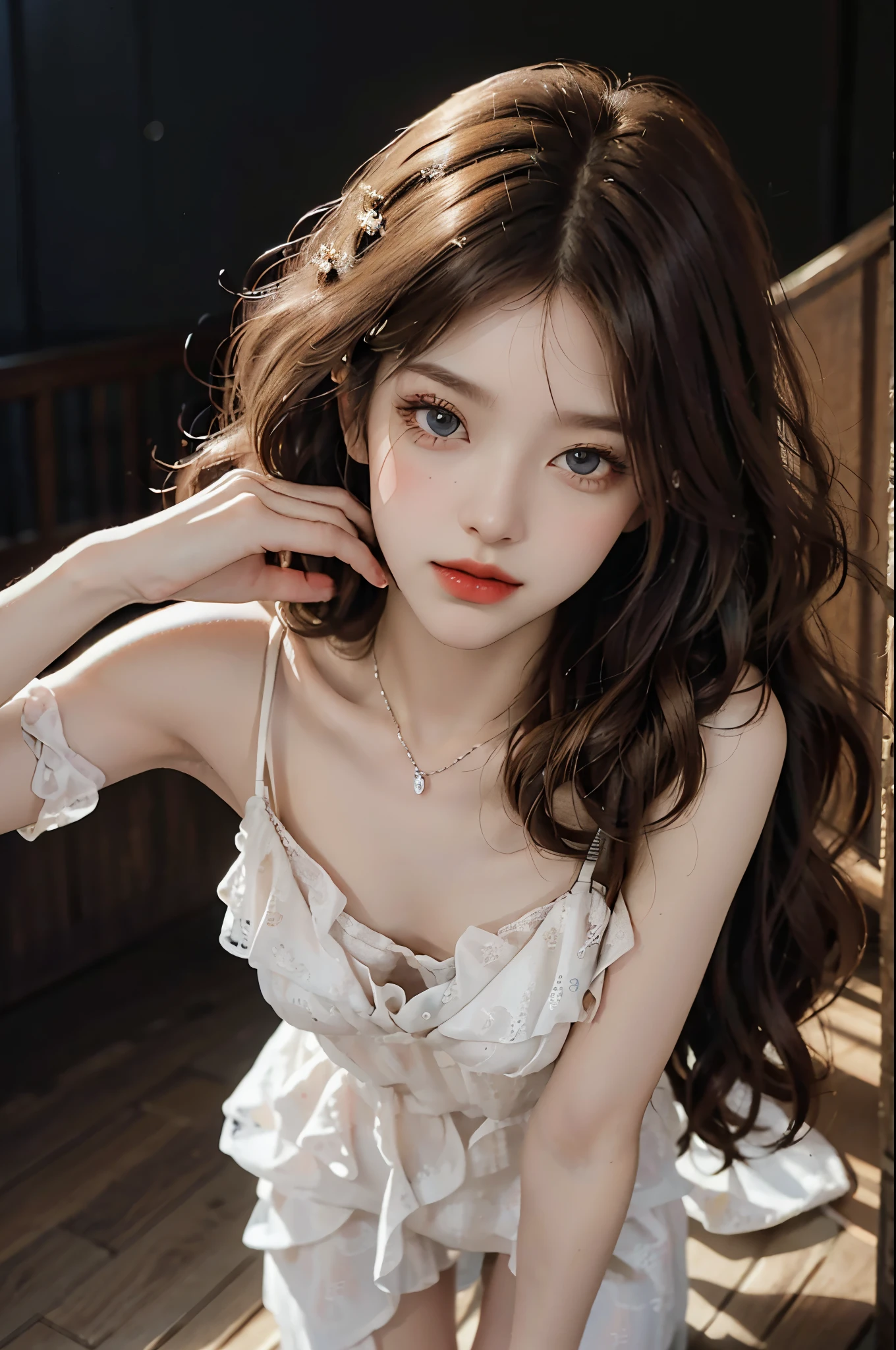 Sweet girl dress2,dress, ((cowboy shot)), (realistic), fashi-girl, red lips, female, makeup, leaning forward, (Surrealistic + pure), exquisite beautiful eyes, HD quality, Dynamic tilt, High nose, Flare effect, realistic details, Official art, Masterpiece, Unity 8k wallpaper, beautiful masterpiece, Top quality, Radiant skin, cinematic lighting, sweet and cute, long brown hair, curly hair, warm tones, high color saturation