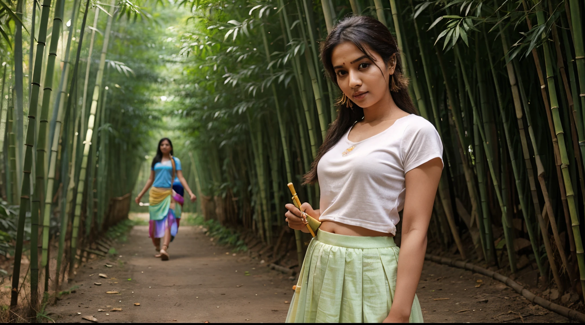 cute 25 years old Tamil Nadu aunty in colorful plain T-shirt and long net skirt and headphone with playing bamboo flute in the bamboo forest