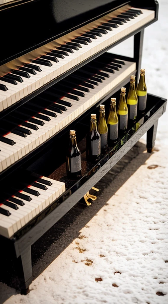 There are several black beer bottles of different sizes lying flat on the ground in the white snow, arranged in a row at regular intervals.， Looking down from above, what looks like black piano keys are arranged on the piano，There is still a faint glimmer in the wine bottle。pixal style