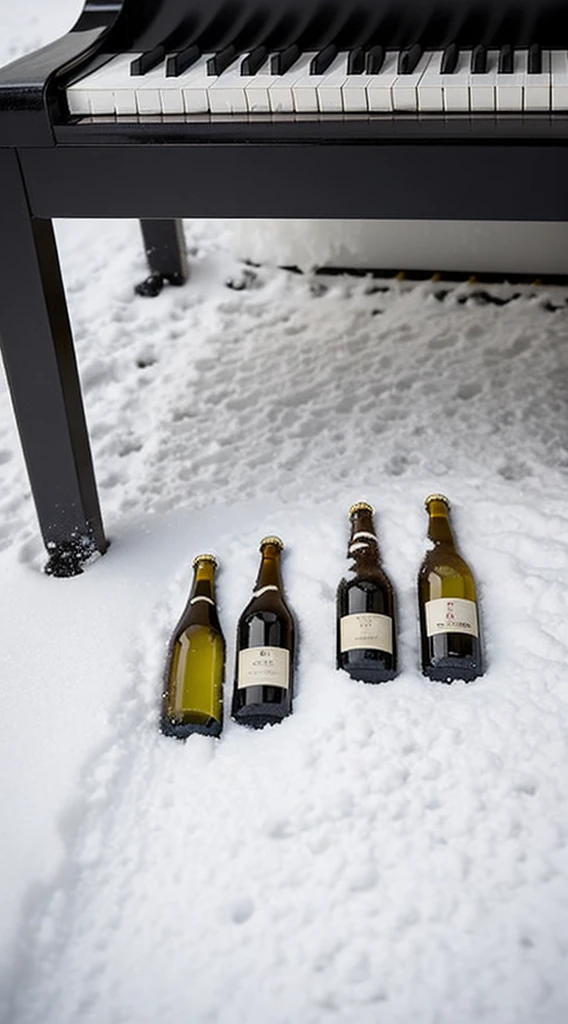 There are several black beer bottles of different sizes lying flat on the ground in the white snow, arranged in a row at regular intervals.， Looking down from above, what looks like black piano keys are arranged on the piano，There is still a faint glimmer in the wine bottle。pixal style