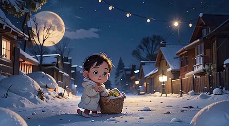 Winters，the street，themoon，Mother found a very  in a basket on the ground，nevando，Illustration style