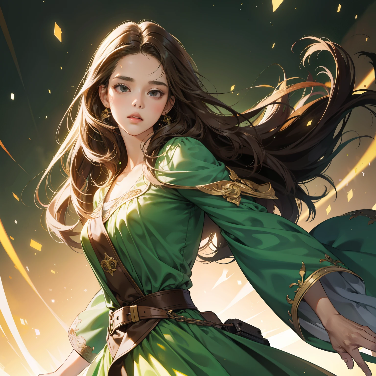 Masterpiece, high quality, best quality, HD, realistic, perfect lighting, detailed body, 1 woman, black eyes, long hair, Brown Hair, cute expression, glowing, green princess dress, Studio background.