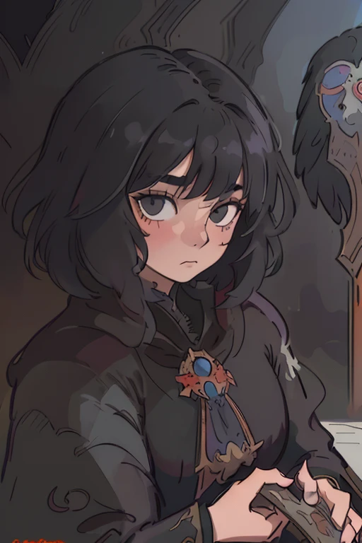 a teenage girl with very short black hair and a huge cloak made of black raven feathers. beautiful highly detailed face. beautiful painting by artgerm and greg rutkowski and raymond swanland, (good composition), well drawn, crisp, sharp focus, (beautiful artwork), ((masterpiece)), best quality, 8K, HDR,