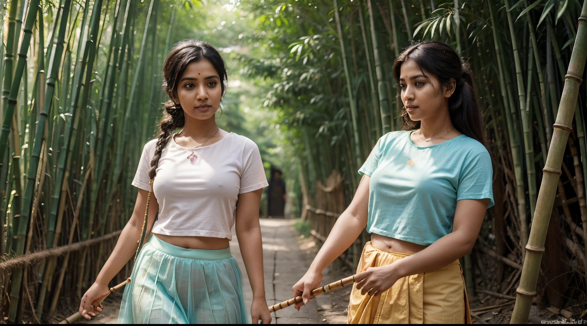 cute 25 years old Tamil Nadu aunty in colorful plain T-shirt and long net skirt and headphone with playing bamboo flute in the bamboo forest
