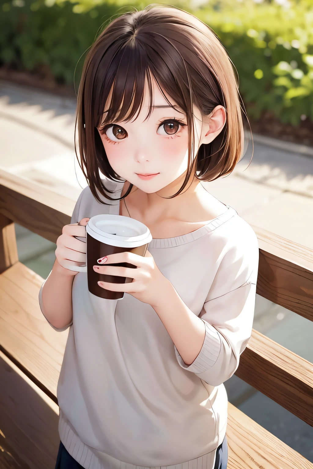 young girl holding a coffee cup in her hand, cute女の子, cute-well-groomed face, cute、well-groomed face, Sakimi-chan, Chiho, Yoshitomo Nara, young and cute face, beautiful japanese girl face, brown hair and big eyes, cutecute女の子, beauty