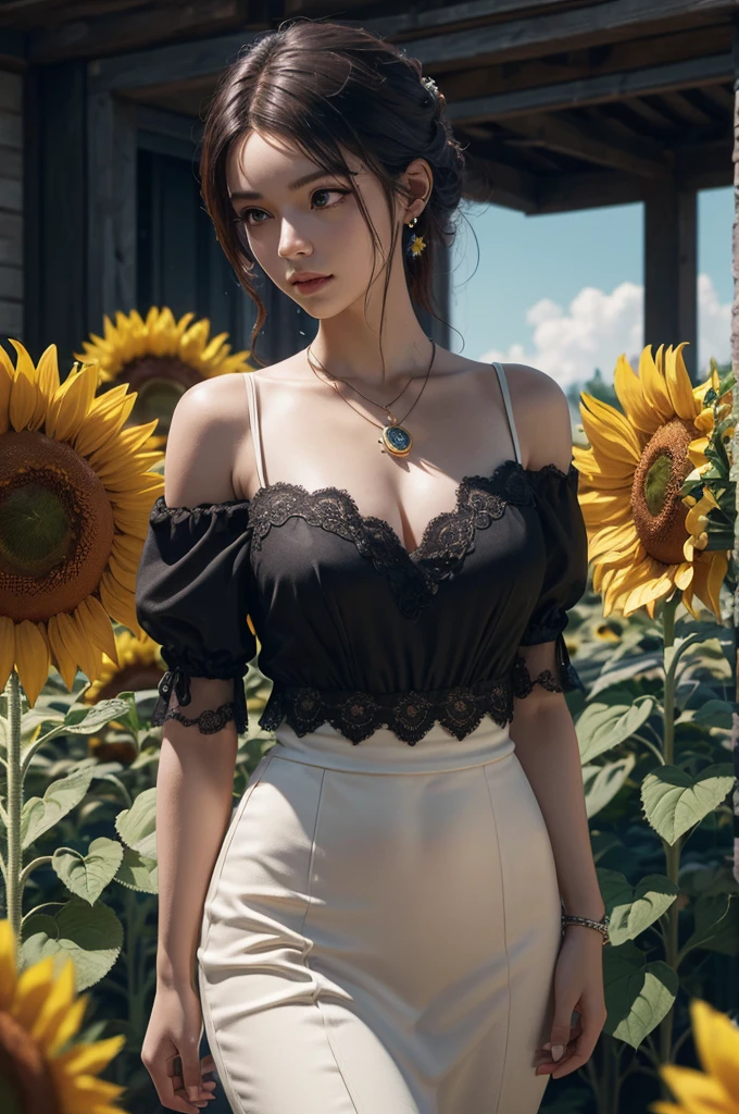 Sunflower pendant, Gorgeous, sparkling, ultra-wide-angle, octane render, enhance, intricate, (best quality, masterpiece, Representative work, official art, Professional, unity 8k wallpaper:1.3)