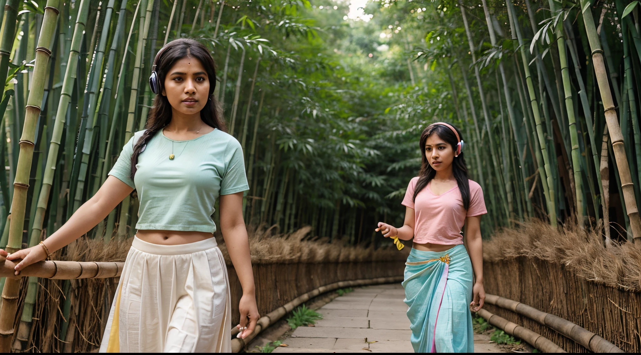 cute 25 years old Tamil Nadu aunty in colorful plain T-shirt and long net skirt and headphone with playing bamboo flute in the bamboo forest