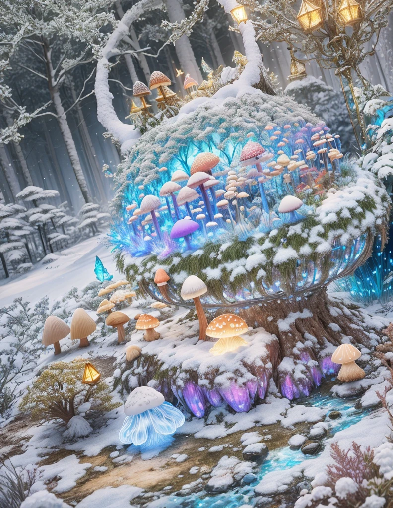 a fairy world，Snow forest and create mushroom galaxy sky，Lights create glowing butterflies，large moon，Blue River，SakuraNore followers，4K, wonderful art beautiful minerals, Rainbow crystals, ultra - detailed,  Light up colorful diamonds，jewely，crystal，shine，metallic  luster，Glaze color，incredible lighting, ultra - detailed, 8K, Unreal Engine5, a 3D render