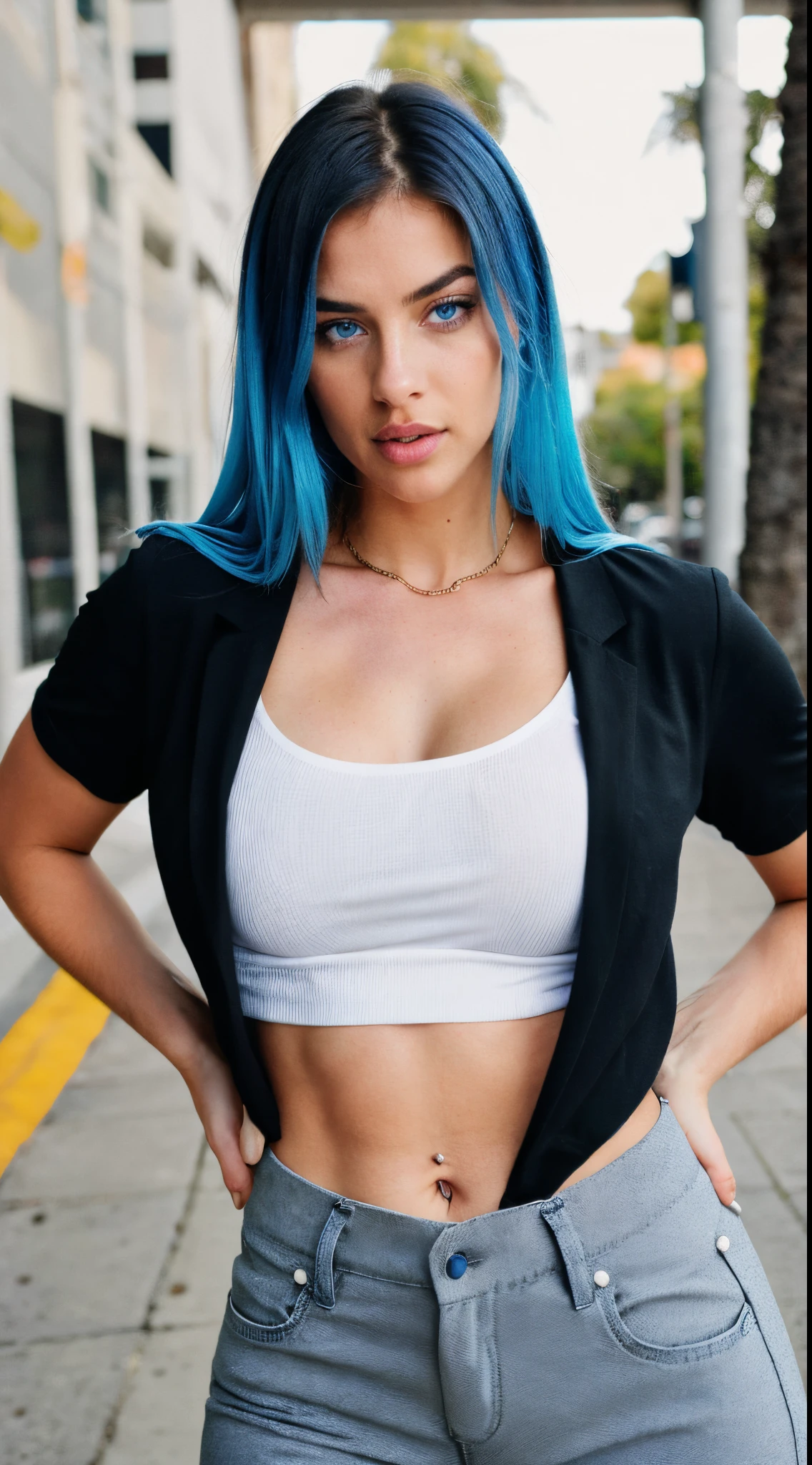 Photorealistic, Best Quality, hyper detailed ,better shadow, Photo of the whole body,Dressed in pants and shirt and shoes of a manager in black , medium-sized bust, beautiful sexy fitness girl, 21 old years, young girl, blue eyes, symmetrical beautiful face, Blue hair, Almond eye , full lips.