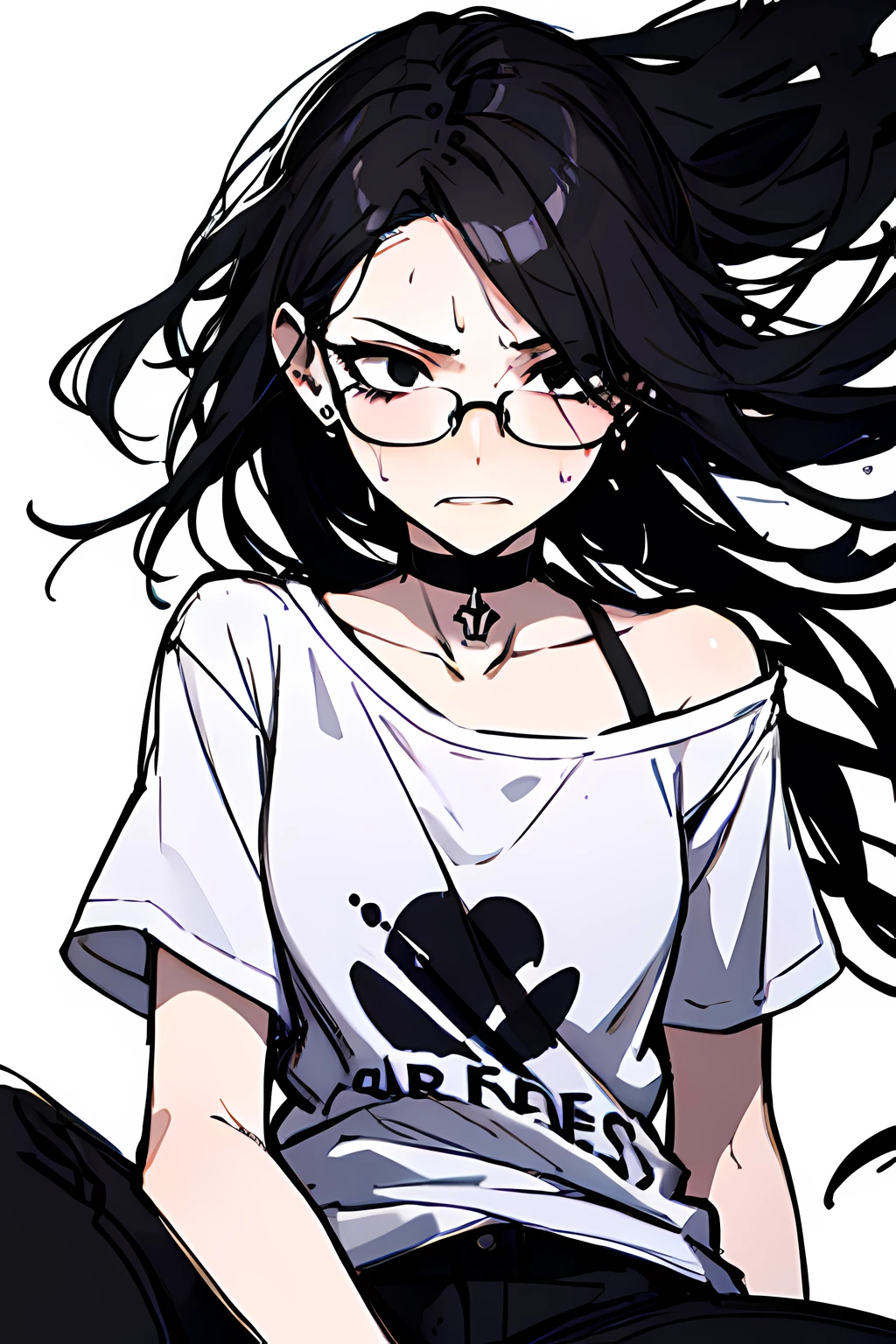 (masterpiece), best quality, expressive eyes, highres, anatomically correct, 1girl, perfect face, perfect hands, female, pale, glasses, messy hair, black hair, very long hair, black eyes, glasses, weak, tired, small breasts, t-shirt, long shirt, purple shirt, tied shirt, flowing shirt, moving shirt, wind, windy, gothic, emo, goth, exposed left shoulder, black nails, piercings, hair covering forehead, , fatigue, eyebags, sore, blank eyes, expressionless, weak, crazy face, crazy eyes, swept bangs, choker, thighs, freaked out, shocked, nervous, stressed, sweating, sketch pad, sitting, black hair, black eyes,