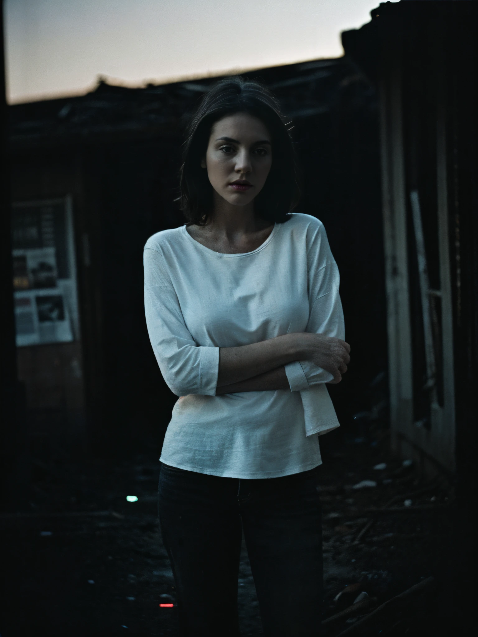 seductive and attractive, white shirts, pointed breasts, deserted road, dirt road, abandoned cars, newspapers, abandoned objects, abandoned road, apocalyptic scenery, (film grain, chromatic aberration, sharp focus, in the dark, deep shadow, low key, cold light, sexy look). portrait style, luxury commercial advertising