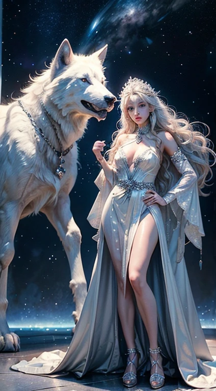 White wolf and girl, huge wolf, huge white wolf guarding a beautiful girl, blue eyes, white wolf's fur glows with silver sparks, NSFW girl, blonde girl, long curly hair, transparent Greek dress, silver trim, silver collar, silver belt, silver sandals, starry sky background, two moons, Orion nebula, standing on a star path.(masterpiece: 1.5) (photorealistic: 1.1) (bokeh) (best quality) (Detailed skin texture, pores, hair: 1.1) (intricate) (8K ) (HDR) (wallpaper) (cinematic lighting) (sharp focus)