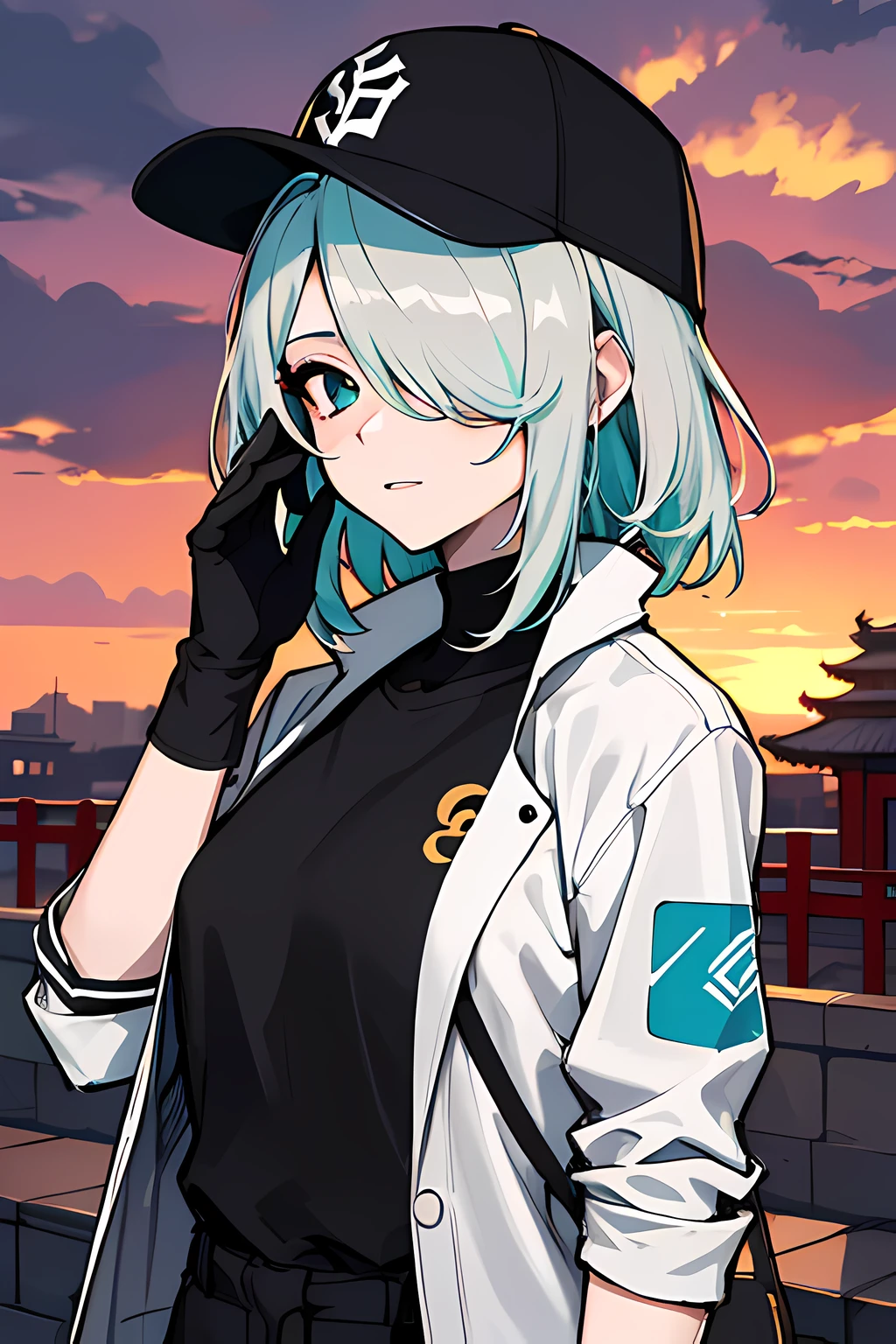 (absurdres, 8k, 4k, masterpiece, hyper extreme detailed:1.2), solo, 1girl, looking at viewer, portrait, best quality, expressive eyes, perfect face, 1girl, portrait, looking at viewer, solo, standing, Female, toned body, mature female, medium breasts, pale, teal hair, calm, medium hair, balance, long gloves, hair over one eye, yin and yang, fu hua, herrscher of sentience, Fu_Hua, hair accessories, calm, purse, posing, Temple background, cloudy skies, sunset, hair covering one eye, casual wear, baseball cap, white shirt, open jacket, half body