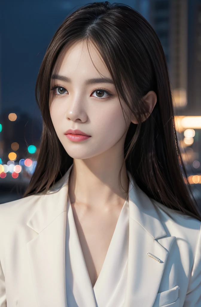 (Photoreal Stick:1.4, masutepiece:1.5, 8K), (top-quality, masterpiece, 超A high resolution), Perfect dynamic composition, Professional camera work:1.3, Grow Light Effect, Realistic portrait:1.3, Cinematic Light, Highly detailed skin and facial texture:1.3, The ultra-detailliert, Detailed hand, A detailed eye, Extremely beautiful face:1.2, Wearing a business suit and white shirt, Twilight, night view at night, Totally captivates you, Medium chest, Close-up portrait, Model body type, Backshots