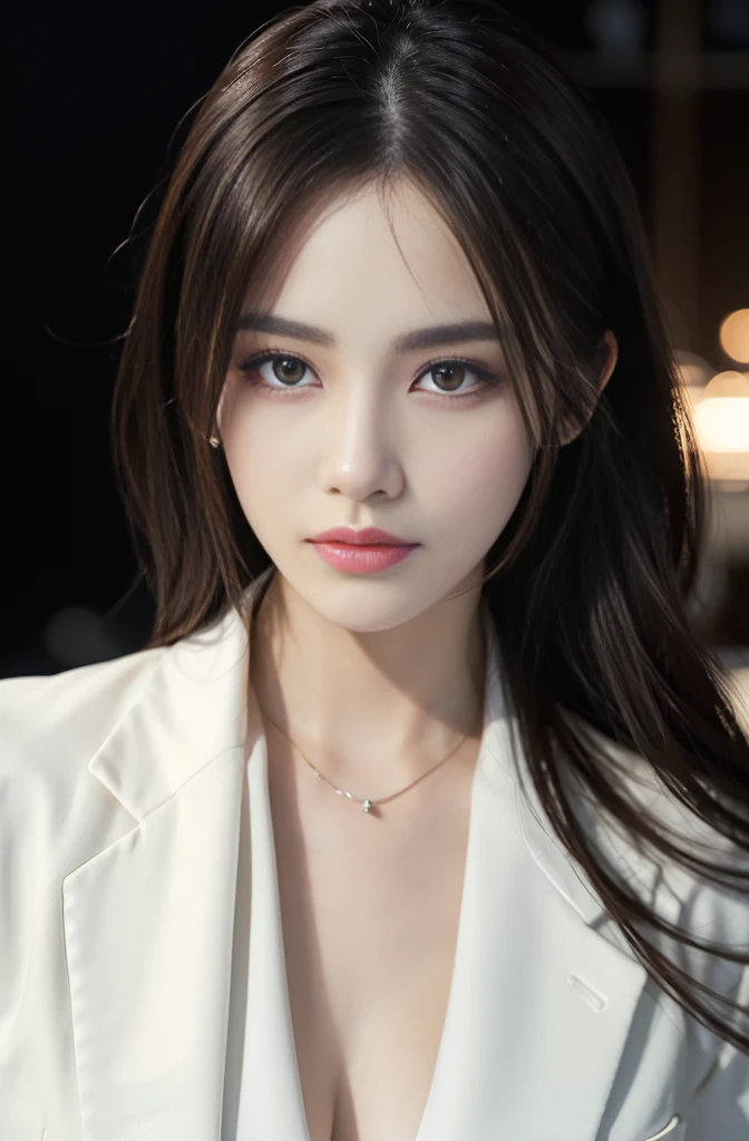 (Photoreal Stick:1.4, masutepiece:1.5, 8K), (top-quality, masterpiece, 超A high resolution), Perfect dynamic composition, Professional camera work:1.3, Grow Light Effect, Realistic portrait:1.3, Cinematic Light, Highly detailed skin and facial texture:1.3, The ultra-detailliert, Detailed hand, A detailed eye, Extremely beautiful face:1.2, Wearing a business suit and white shirt, Twilight, night view at night, Totally captivates you, Medium chest, Close-up portrait, Model body type, Backshots