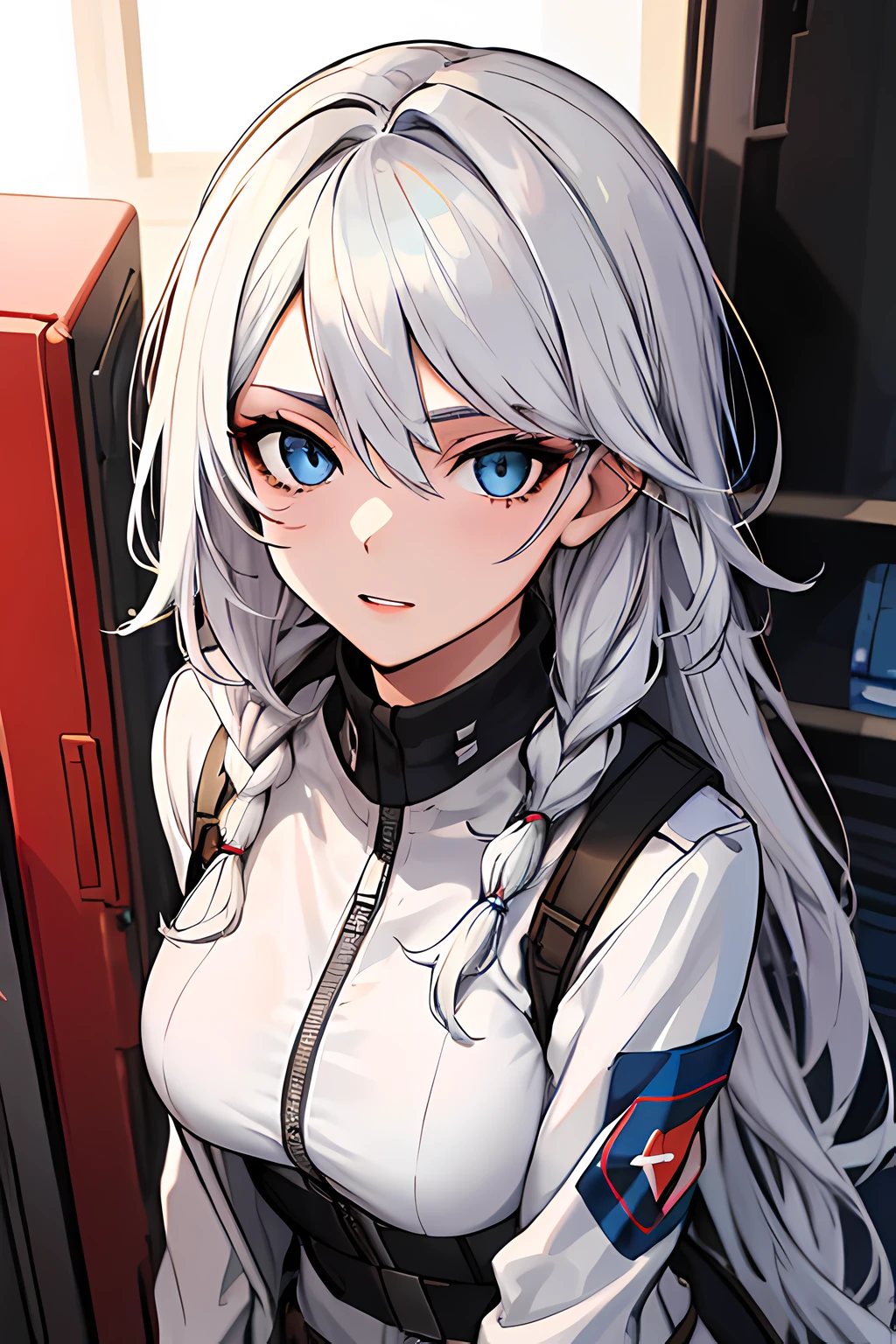 (absurdres, 8k, 4k, masterpiece, hyper extreme detailed:1.2), solo, 1girl, portrait, best quality, expressive eyes, perfect face, portrait, looking at viewer, solo, standing, casual wear, toned, white haired, eye patch, braided hair, long hair, medium breasts, scars, blue eyes, very long hair, military, cargo pants, white jacket, military,