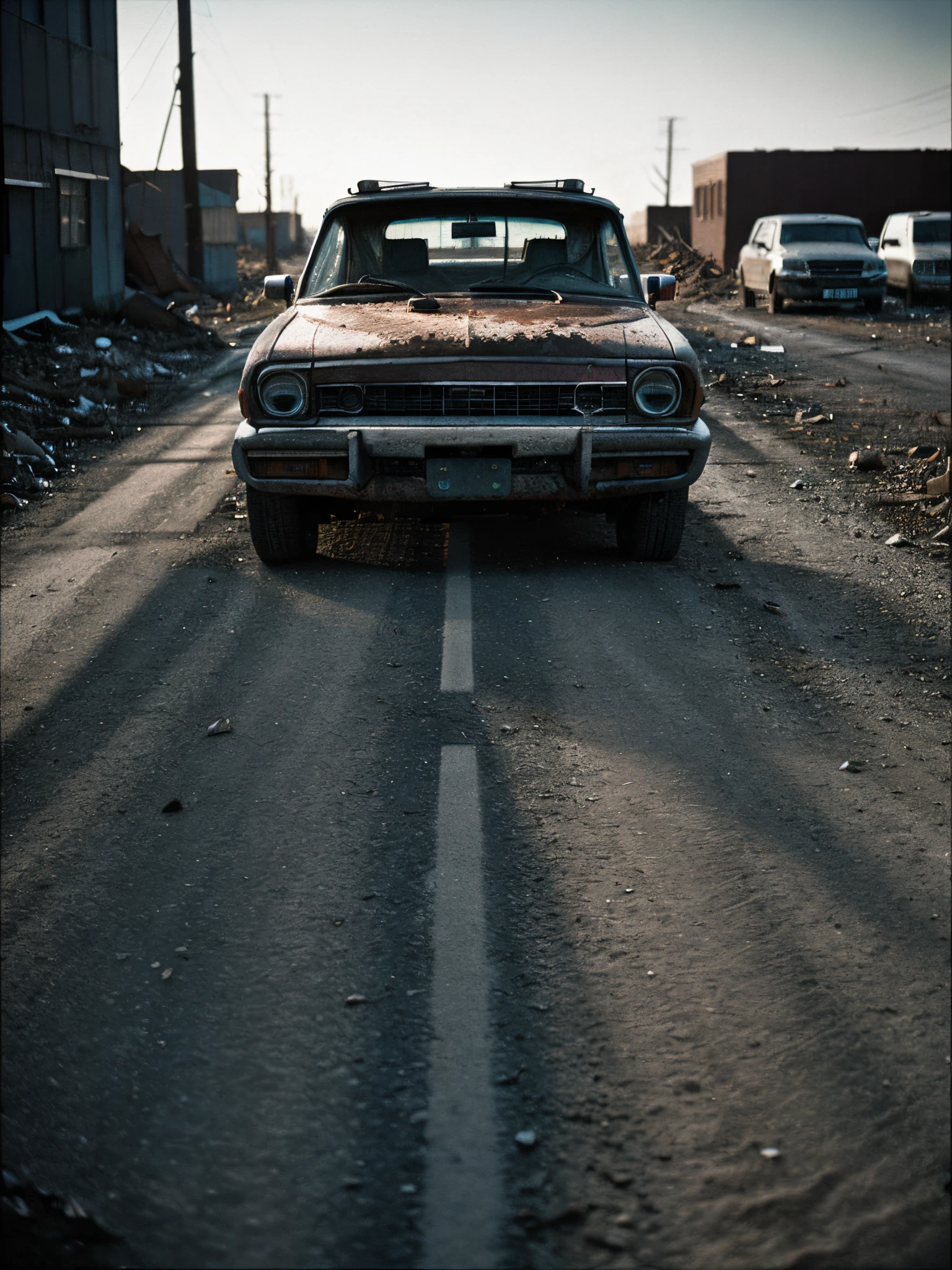seductive and attractive, deserted road, dirt road, abandoned cars, newspapers, abandoned objects, abandoned road, apocalyptic scenery, (film grain, chromatic aberration, sharp focus, deep shadow, low key, cold light, sexy look), luxury commercial advertising