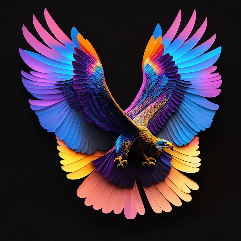 intricate and colorful, (digital painting:1.2) large eagle, bright neon plumage, flying with large wings and talons extended, concept art, octane render, trending on artstation, neon-noir background, iolibt, vfx, Blender and Photoshop, octane render, excellent composition, cinematic atmosphere, dynamic dramatic cinematic lighting, aesthetic, very inspirational, arthouse,(dark plain black background:1.4))