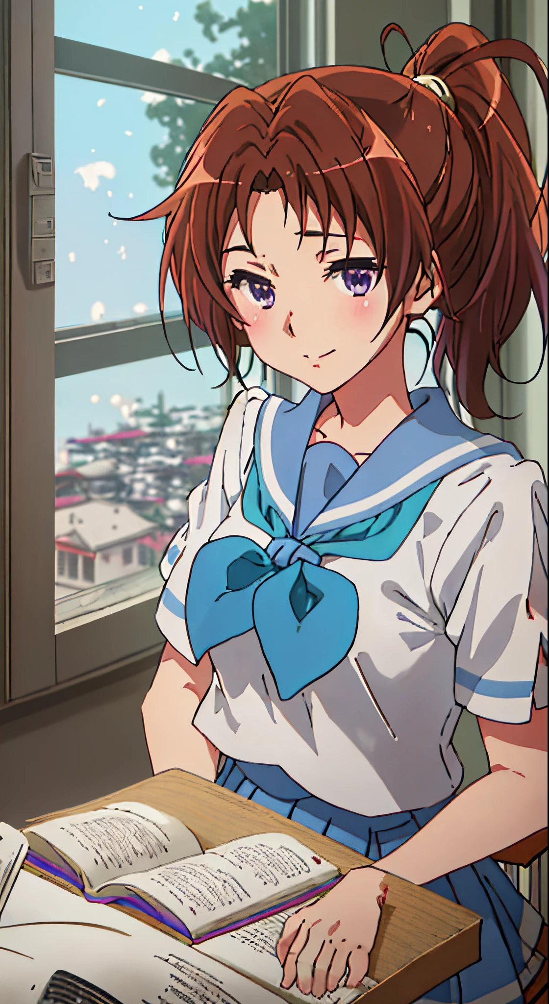 Best Quality, masutepiece, hight resolution, Solo, {Nakagawa_natsuki_Sound Euphonium:1.15}, brown_hair, Ponytail, long_hair, Purple_Eyes, blush, serafuku, Closed_Mouth, Indoors, Bangs, 1girl in, Blue_neckerchief, Blue_sailor_Collar, Hokuyuji Temple_high_School_uniform, neckerchief, sailor_Collar, School_uniform, Shirt, white_Shirt, crass room, up looking_で_viewer, Chair, A smile