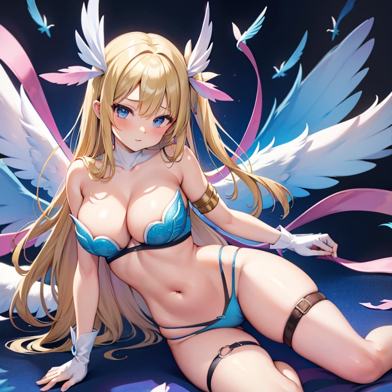 blonde hair, blue bra, blue lingerie, blue underwear, long hair, angel wings,large breasts, bare shoulders, elbow gloves, feathered wings, gloves, head wings, navel, pink ribbon, ribbon, single elbow glove, single glove, thigh strap, wings