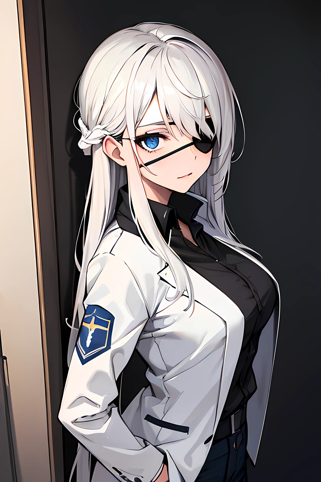 (absurdres, 8k, 4k, masterpiece, hyper extreme detailed:1.2), solo, 1girl, portrait, best quality, expressive eyes, perfect face, portrait, looking at viewer, solo, standing, casual wear, toned, white haired, eye patch, braided hair, long hair, medium breasts, scars, blue eyes, very long hair, military, cargo pants, white jacket,