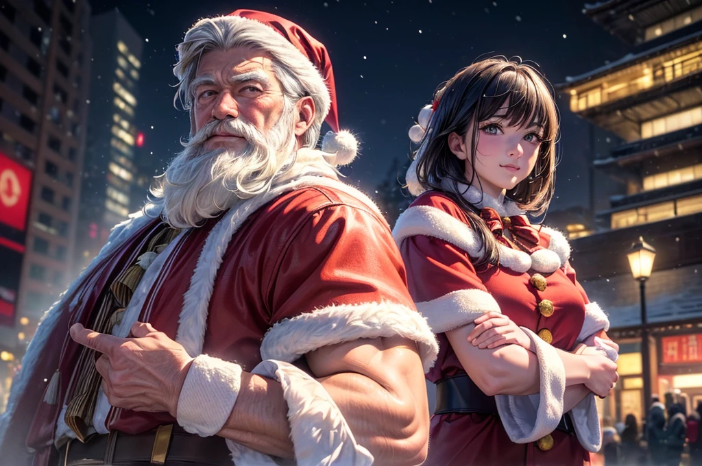 (best quality,4k,highres,masterpiece:1.2),ultra-detailed,(realistic,photorealistic:1.37),a man and a girl,japanese,long and beautiful hair,moist eyes,(handsome and cool man,Santa Claus,short hair),hugging,shy smile,White Christmas,city lights,night scene,snowy landscape,Christmas tree, colored lights