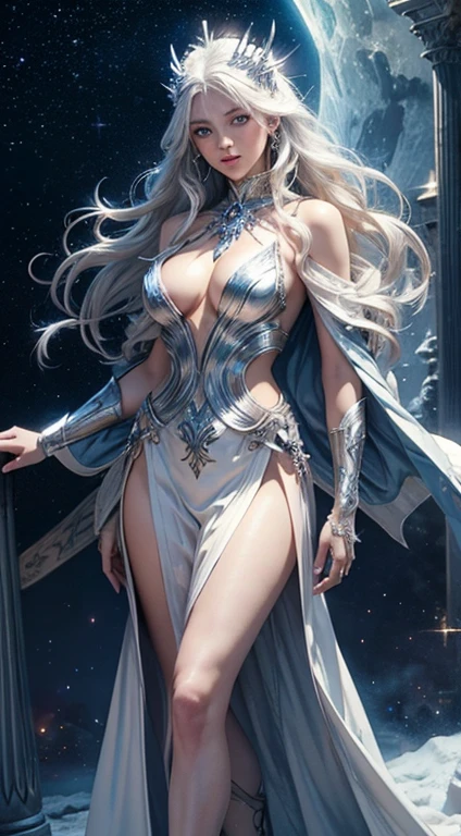 hydaelyn_tpa, 1girl, veil, white bodysuit, cape, parted lips, crown, starry background, blue eyes, space, legs apart, cinematic lighting, highly detailed, absurdres, masterpiece,