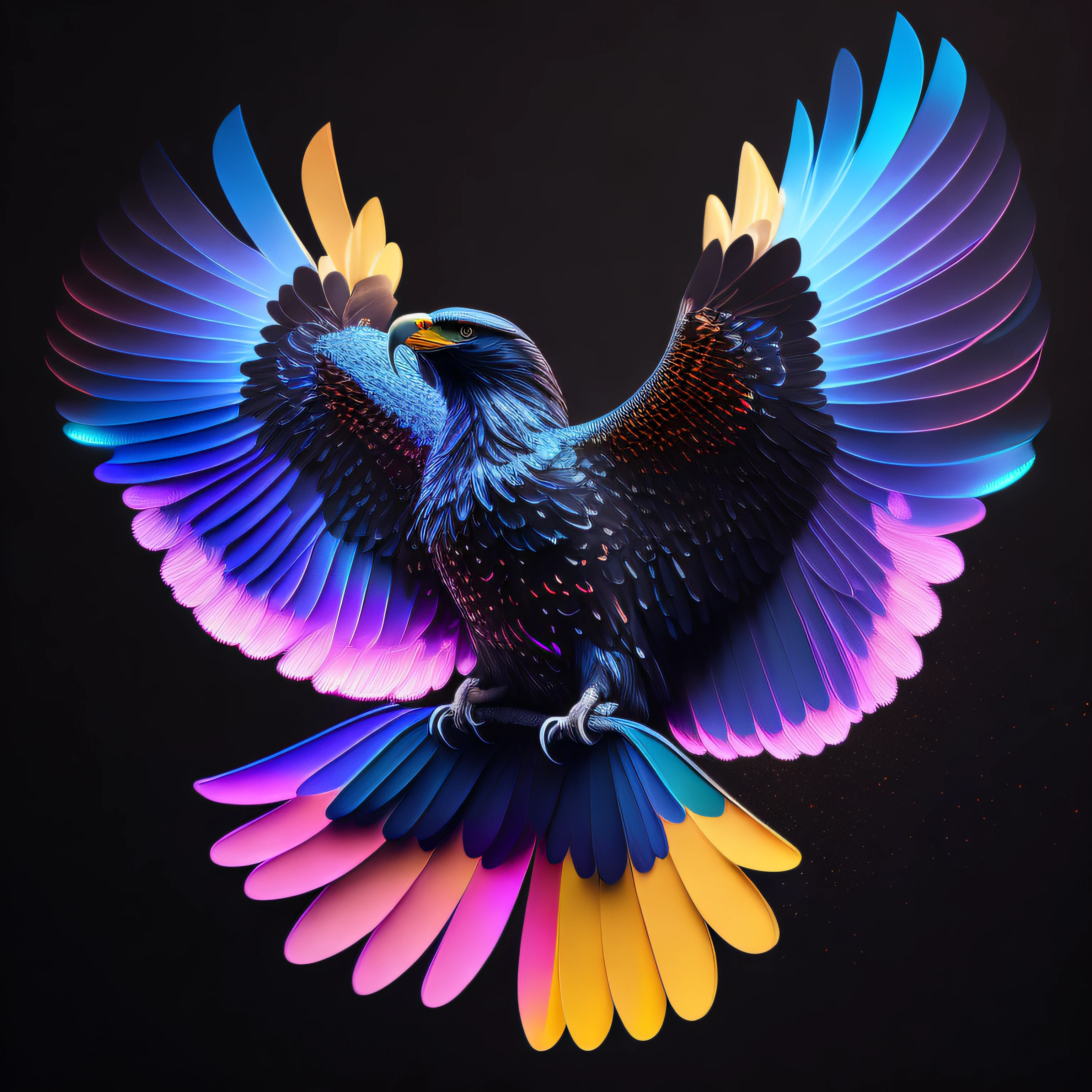 intricate and colorful, (digital painting:1.2) large eagle, bright neon plumage, flying with large wings and talons extended, concept art, octane render, trending on artstation, neon-noir background, iolibt, vfx, Blender and Photoshop, octane render, excellent composition, cinematic atmosphere, dynamic dramatic cinematic lighting, aesthetic, very inspirational, arthouse,(dark plain black background:1.4))