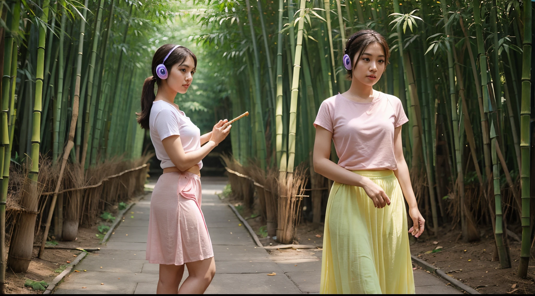 cute 25 years old aunty in colorful plain T-shirt and long net skirt and headphone with playing bamboo flute in the bamboo forest.