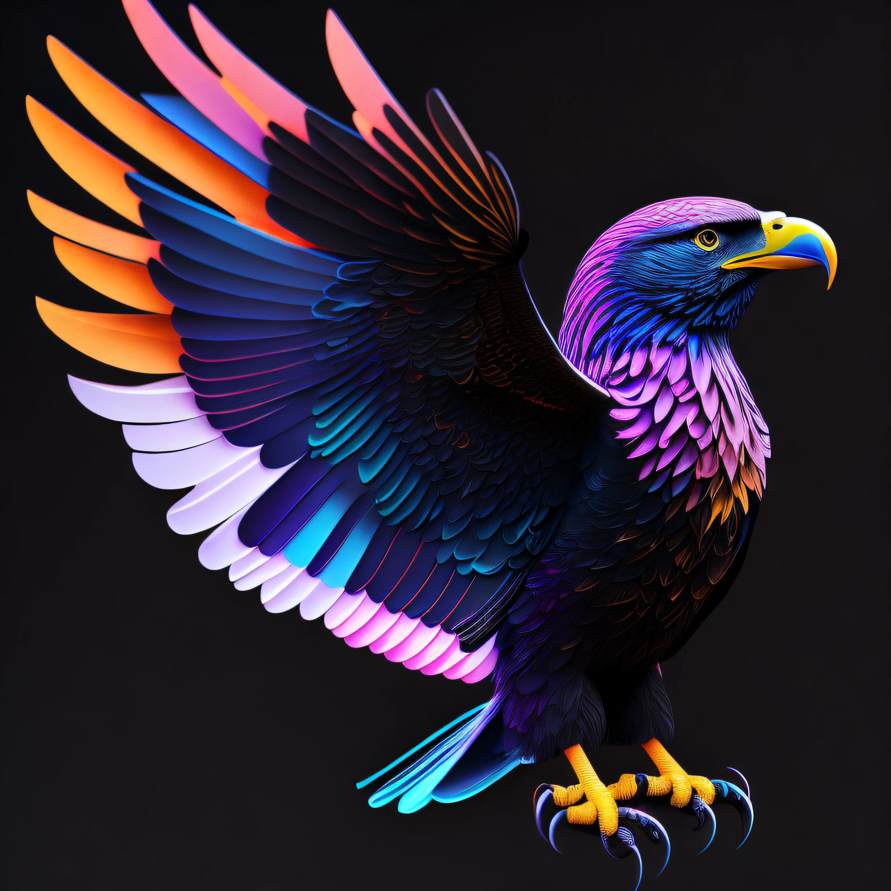 intricate and colorful, (digital painting:1.2) large eagle, bright neon plumage, flying with large wings and talons extended, concept art, octane render, trending on artstation, neon-noir background, iolibt, vfx, Blender and Photoshop, octane render, excellent composition, cinematic atmosphere, dynamic dramatic cinematic lighting, aesthetic, very inspirational, arthouse,(dark plain black background:1.4))