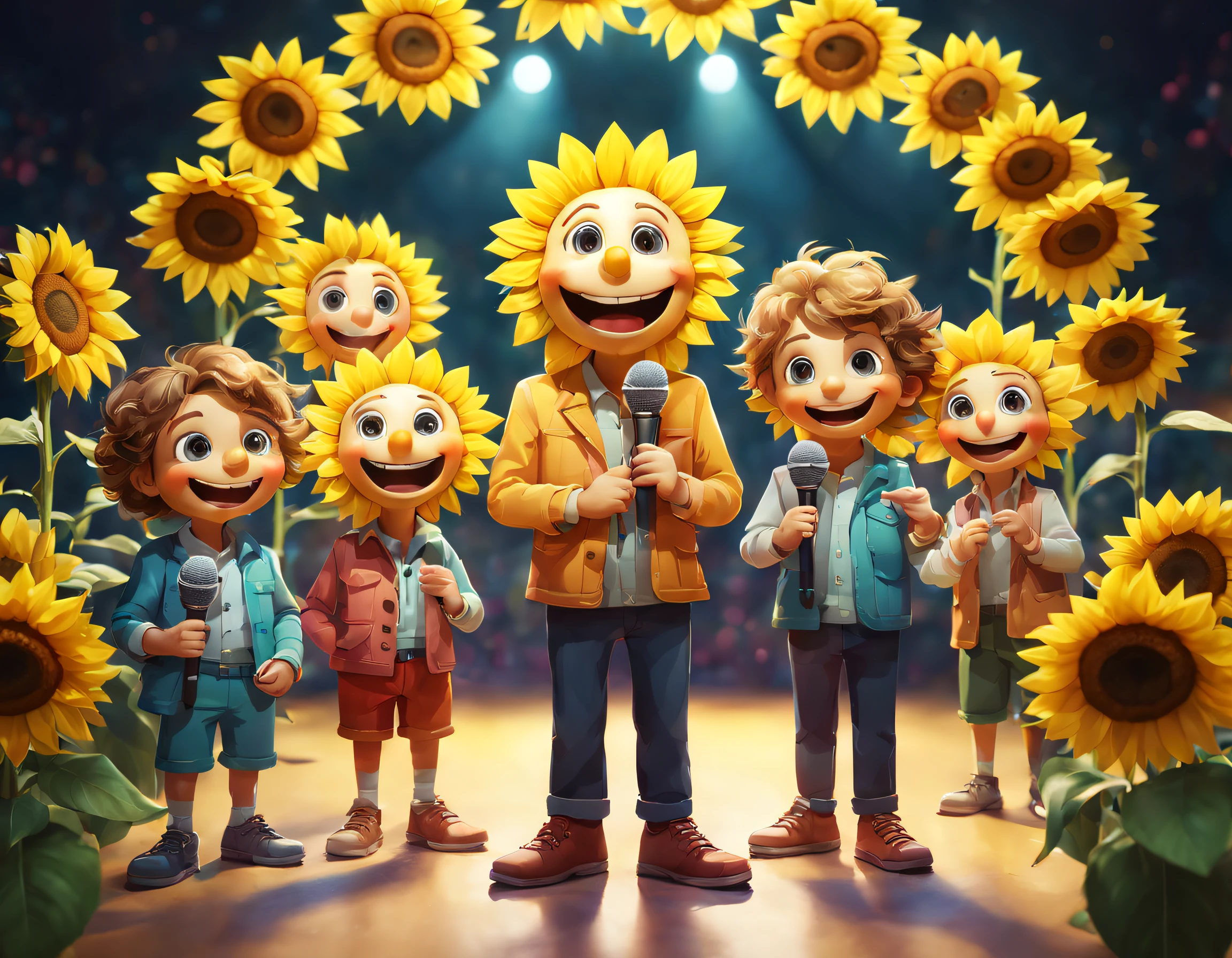 （character  design）， (5 lovely sunflowers，Wearing different colored clothes，stand in front of a microphone and sing, Anthropomorphic and happy）, Group of happy anthropomorphic boys with sunflowers，Holographic Color Set,Smiling, big bright eyes, Background with：stage，neonlight，like a dream，Whimsical，fairytale-like, super detailing, pixal style, vibrant with colors, Natural soft light,, 5 octane rendering, ultra-wide-angle, 8K, High realism，Grand Prix