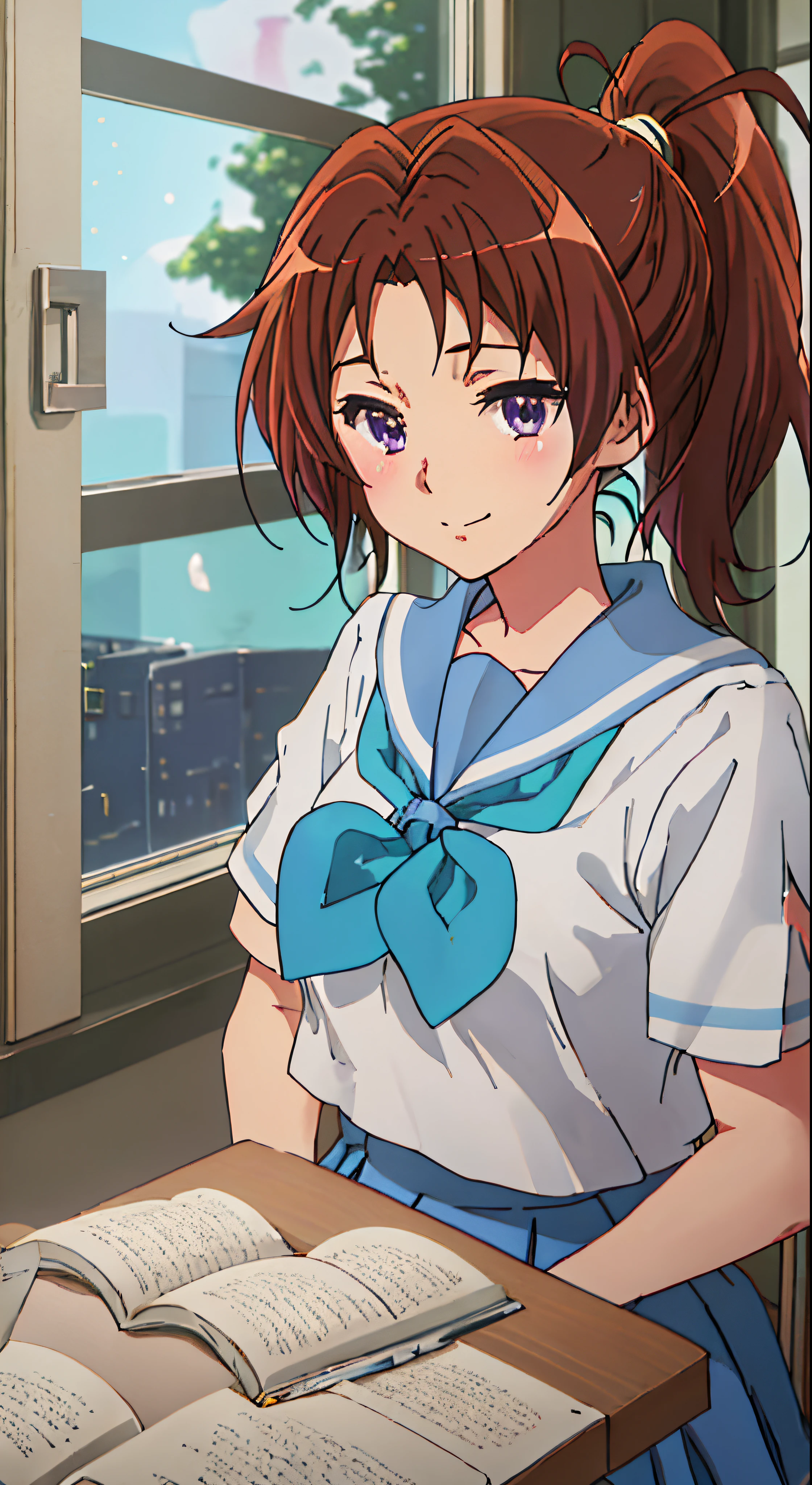 Best Quality, masutepiece, hight resolution, Solo, {Nakagawa_natsuki_Sound Euphonium:1.15}, brown_hair, Ponytail, long_hair, Purple_Eyes, blush, serafuku, Closed_Mouth, Indoors, Bangs, 1girl in, Blue_neckerchief, Blue_sailor_Collar, Hokuyuji Temple_high_School_uniform, neckerchief, sailor_Collar, School_uniform, Shirt, white_Shirt, crass room, up looking_で_viewer, Chair, A smile