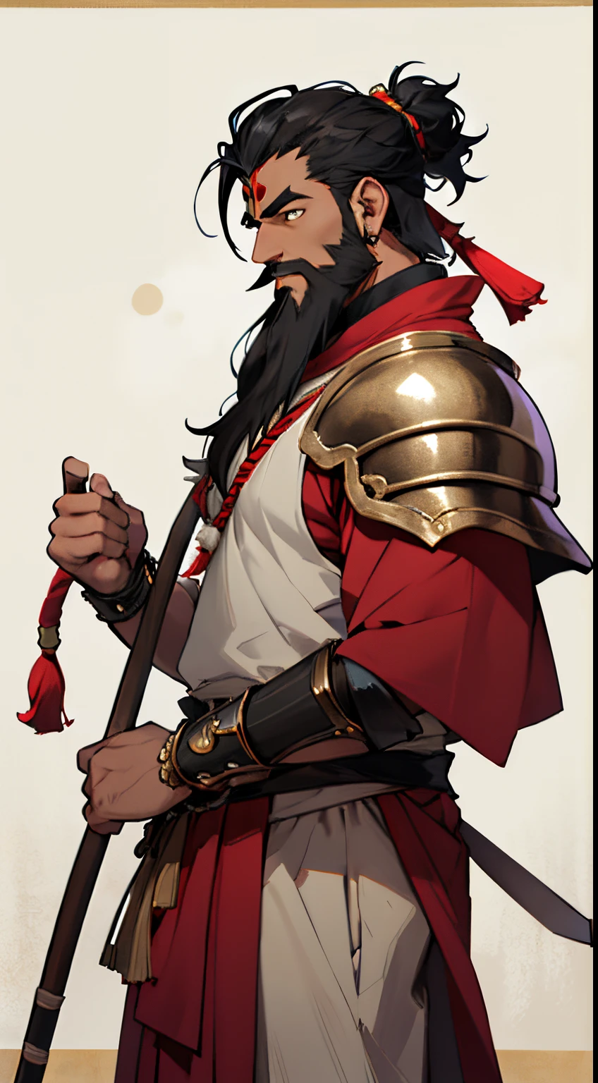 perfect face, anime style, best quality detailing, eyes open. 
Indian hindu warrior, man. Indian Man having Mahadev tilak on his forehead, wearing a armor and holding a spear in his right hand. Focus on his face . Face should be detailed and perfect with a indian style beard. Black hair. Make the tilak narrow. beard smaller from the chin. Standing straight. from the left angle