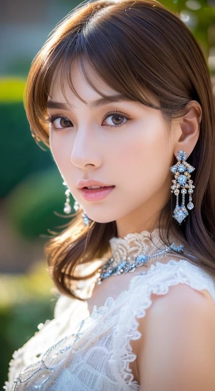 ((Realisticity: 1.2)), ((The highest resolution: 8K UHD)), Best Quality,masutepiece,hight resolution,nffsw, ((1 super detailed and ultra-realistic girl)), ((The dazzling of a very beautiful queen, Super realistic, and ultra detailed)),((White skin, Beautiful, Smooth, zora々Right, hyper realistic and hyper detailed )), Long hair, ((Ultra realistic and ultra detailed dresses)), Solo, ((Super realistic, Super beautiful, Gorgeous and ultra-detailed jewelry)), ((Super beautiful, Super realistic and super detailed white sweater and blue jeans)), ((Super beautiful, Super realistic, Ultra Detailed Diamond Filled Earrings)), ((Super beautiful, Ultra-realistic and ultra-detailed diamond-filled hair ornament)), ((Super beautiful whole body, Super beautiful, hyper realistic and hyper detailed)), ((Oversized, Super realistic and super detailed Fukuoka castle ruins)) ((Super beautiful, Super beautiful, Ultra-realistic and ultra-detailed hair van)), ((Super beautiful, Ultra-realistic and ultra-detailed brown hair)), ((Asian Women))Candid, photograph, High resolution, 8K,Bokeh,