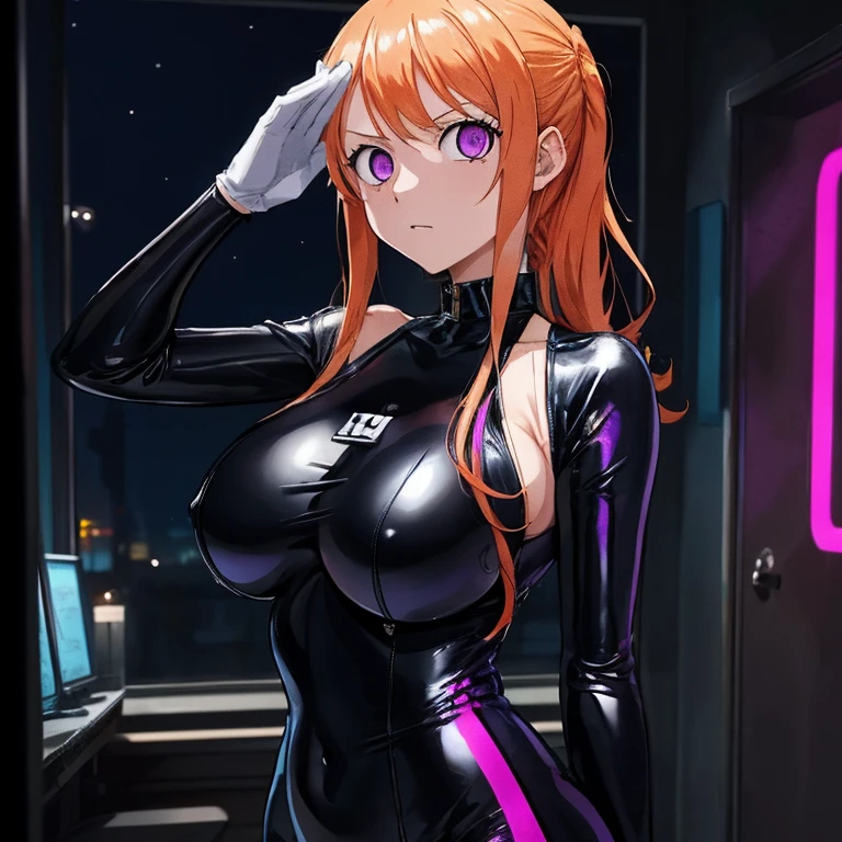 {1girl in},{{{{{masutepiece++, Best Quality++, Ultra-detailed+, 超A high resolution,(Photorealistic:1.4),Raw photo,(Nami)+,(Nami)+,(One Piece NAMI)+,(Onepiece),Orange hair, Girl in black latex full body suit,very aesthetic, Best Quality, absurderes, 1girl in, Brainwashed,}}}}}, ((purple glowing eyes 1.3)), (huge-breasted:1.2)deadpan, laboratory, Darkness Room, (Neon light:1.2), (Night:1.5), stand up and salute