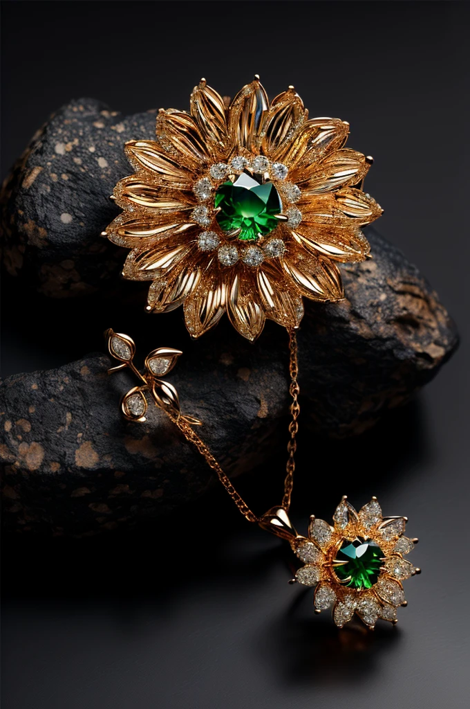 Sunflower shaped pendant, sunflower shaped earrings, sunflower shaped ring, gorgeous jewelry, sparkling, ultra-wide-angle, octane render, enhance, intricate, (best quality, masterpiece, Representative work, official art, Professional, unity 8k wallpaper:1.3), gem, stone, leaf