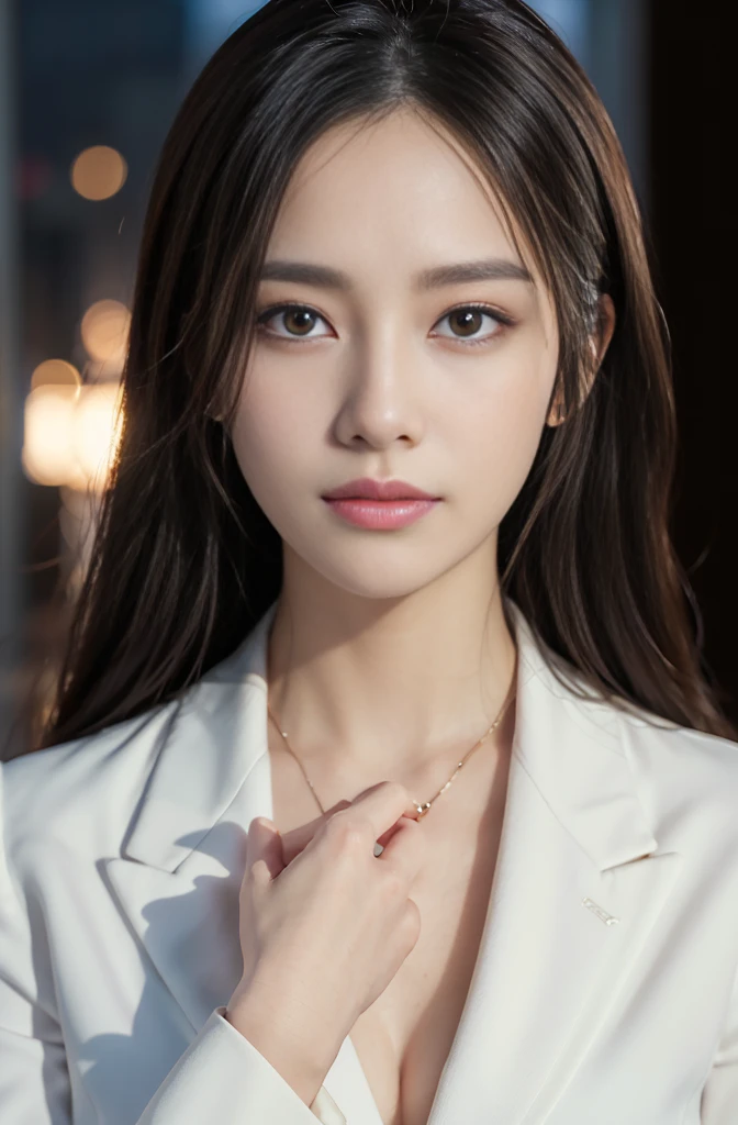 (Photoreal Stick:1.5, masutepiece:1.5, 8K), (top-quality, ​masterpiece, 超A high resolution), Perfect dynamic composition, Professional camera work:1.3, Grow Light Effect, Realistic portrait:1.3, Cinematic Light, Highly detailed skin and facial texture:1.3, The ultra-detailliert, Detailed hand, A detailed eye, Extremely beautiful face:1.2, Wearing a business suit and white shirt, Twilight, night view at night, Totally captivates you, Medium chest, Close-up portrait, Model body type, Backshots