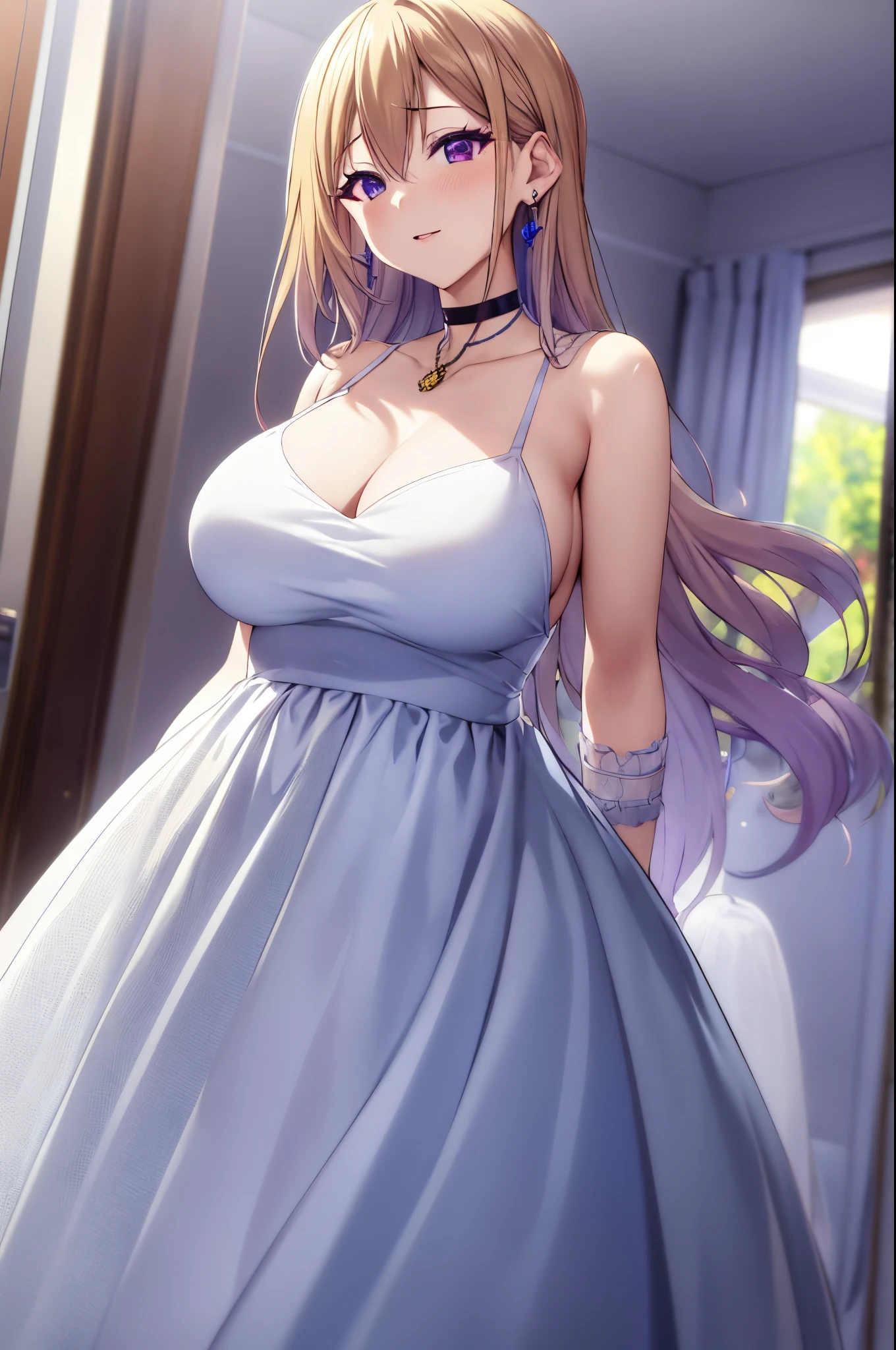 tmasterpiece, (Best quality at best), 1 Lady,1 plump girl ,1 boy,,kawakami_wheat,    Blonde hair,  Long gray hair, Hair hanging down,  a purple eye, offcial dress, White dress,   jewely, choker necklace, ear nipple ring, Large breasts, Moles under the eyes,sexy women, Embarrassing,face flushed,  formal ,   Vibrant colors ,,natural  lightting  ,real time transmission,  , The beautiful, (Detailed faces:1.2), Exhibited, (perfect  eyes:1.1) ,(realistically:1.1), 8k ultra high definition,  looking at viewert, indoor background