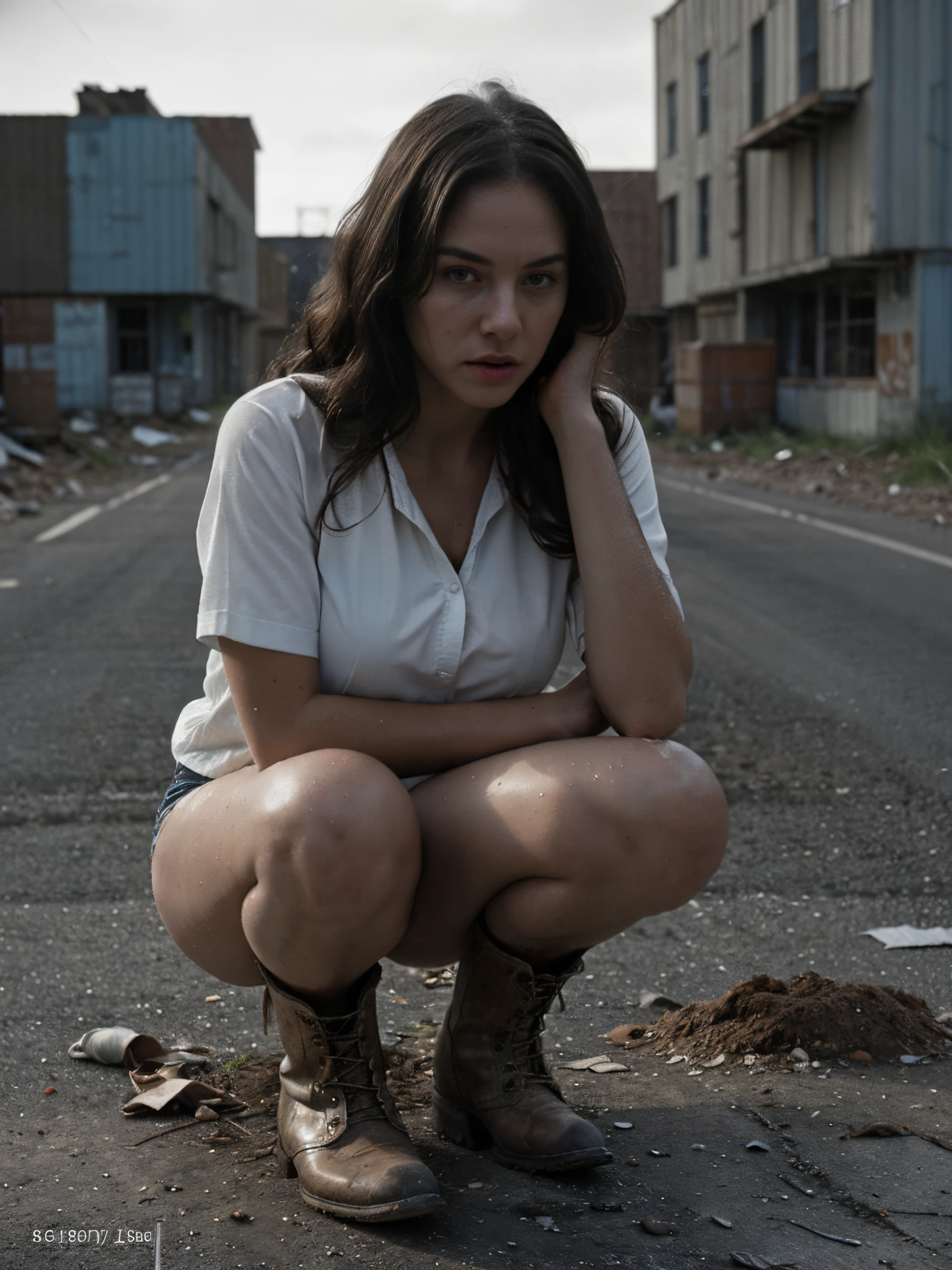 1girl, 30 years old, long curly brown hair, sweaty and dirty body, glamorous body, white shirt, short shorts, m, cowboy boot, ((girl squatting down on the ground)), attractive pose, look at the viewer, beautiful and bold, seductive and attractive, pointed breasts, deserted road, dirt road, abandoned cars, newspapers, abandoned objects, abandoned road, apocalyptic scenery, (film grain, chromatic aberration, sharp focus, in the dark, deep shadow, low key, cold light), luxury commercial advertising