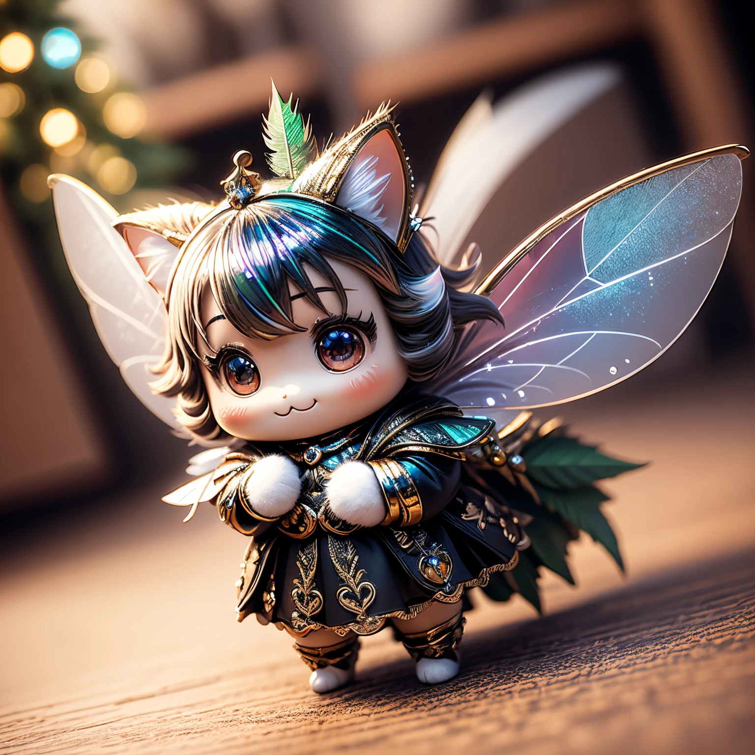 ​masterpiece、top-quality、ultra-detailliert、(Chibi Chara Fairy:1.27),(Iridescent feathers:1.2),(logo block christmas tree:1.1),fairy tale forest,A smile,Full-body standing figure//,(fairy wings cat:1.2)