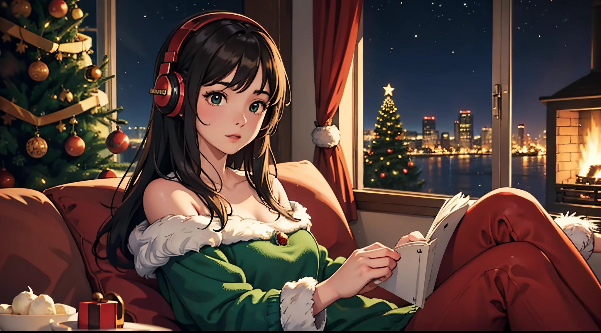 lofi brunette girl sitting on a couch with headphones on and a christmas tree in the background, trending on cgstation, cozy wallpaper, artwork in the style of guweiz, christmas night, [ 4 k digital art ]!!, lofi girl, extremely detailed artgerm, trending at cgstation, relaxing mood, nightcore, christmas vibe, cozy, christmas decorations, fireplace, night, christmas green sweather