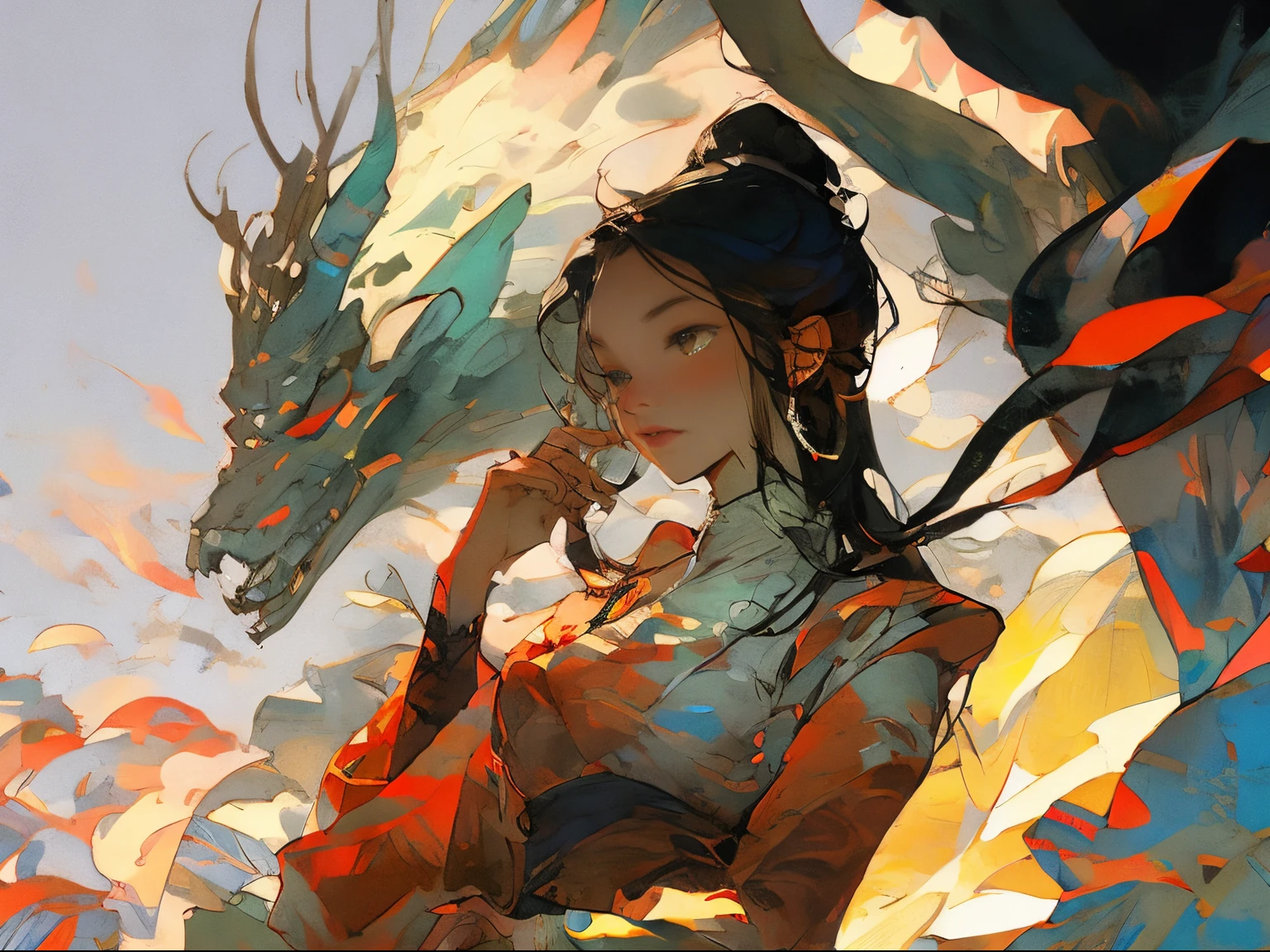 masterpiece, best quality,Chinese fairy, 1girl\(loli\) and iris red dragon, Chinese dragon pan glaring at girl, bun, dark gray background, --auto