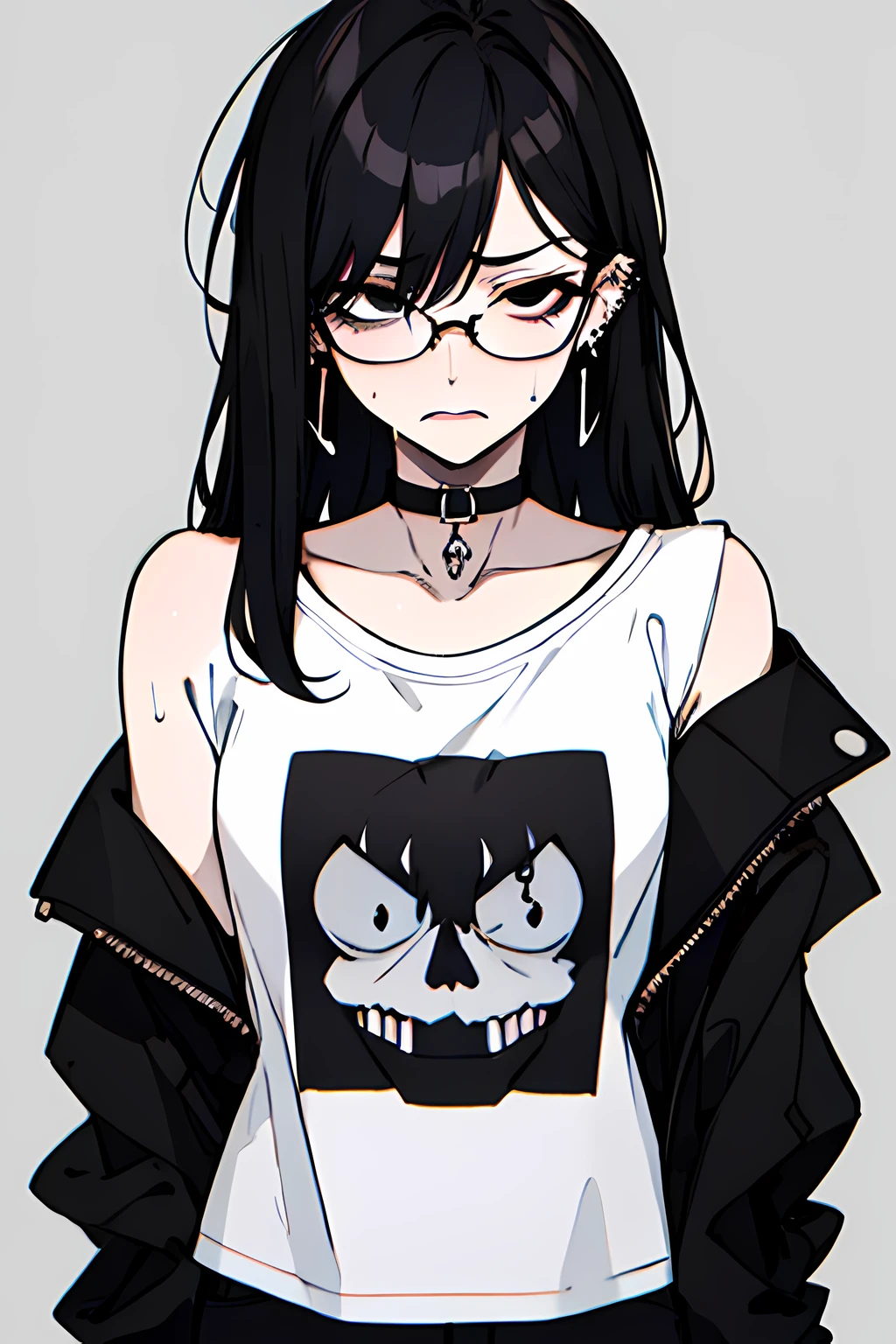 (masterpiece), best quality, expressive eyes, highres, anatomically correct, 1girl, perfect face, perfect hands, female, pale, glasses, messy hair, black hair, very long hair, black eyes, glasses, weak, tired, small breasts, graphic t-shirt, gothic, emo, goth, exposed left shoulder, piercings, ear piercings, lip piercings, fatigue, eye-bags, sore, blank eyes, expressionless, weak, crazy face, crazy eyes, swept bangs, choker, standing, freaked out, shocked, nervous, stressed, sweating, black hair, black eyes, wet shirt, black jacket,